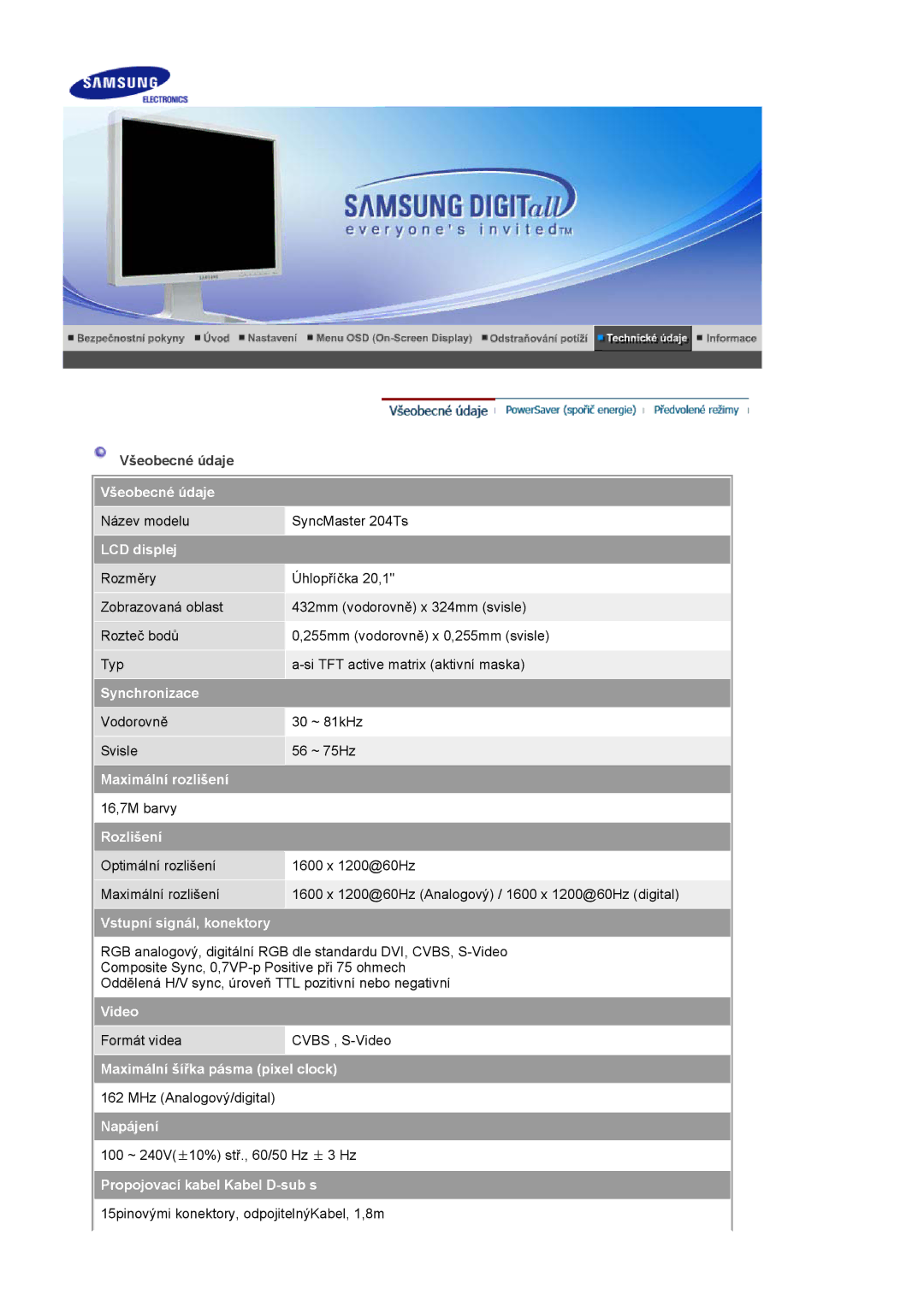 Samsung LS20BRCASZ/EDC manual Všeobecné údaje, LCD displej, Synchronizace, Maximální rozlišení, Rozlišení, Video, Napájení 