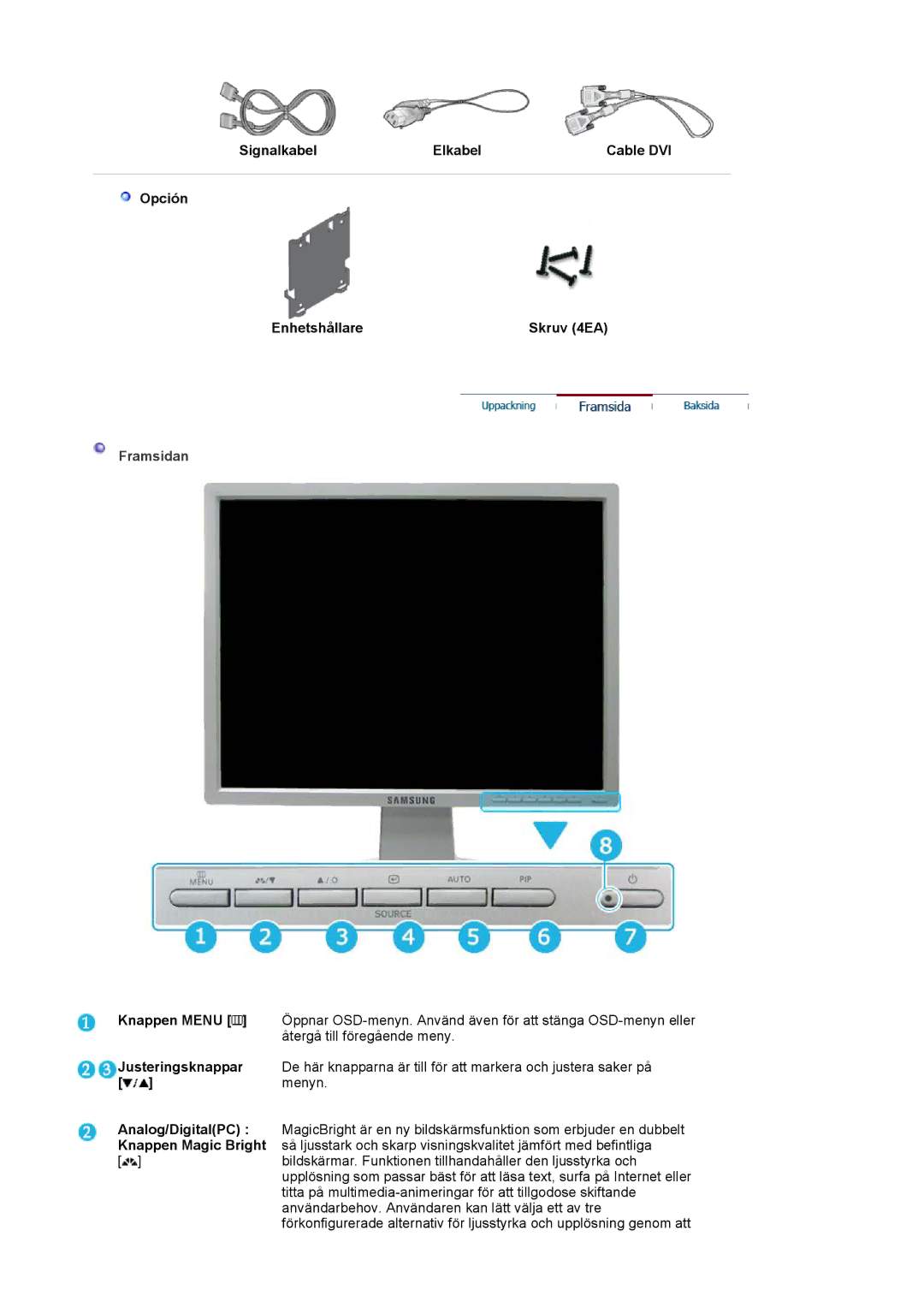 Samsung LS20BRCASZ/EDC manual Knappen Menu, Justeringsknappar, Analog/DigitalPC, Knappen Magic Bright 