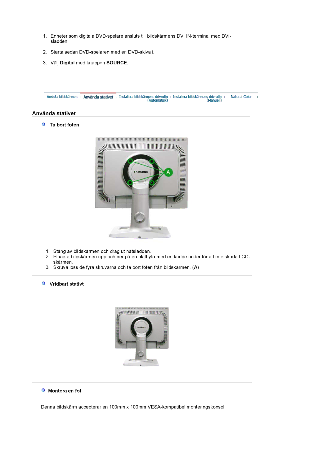 Samsung LS20BRCASZ/EDC manual Ta bort foten, Vridbart stativt Montera en fot 