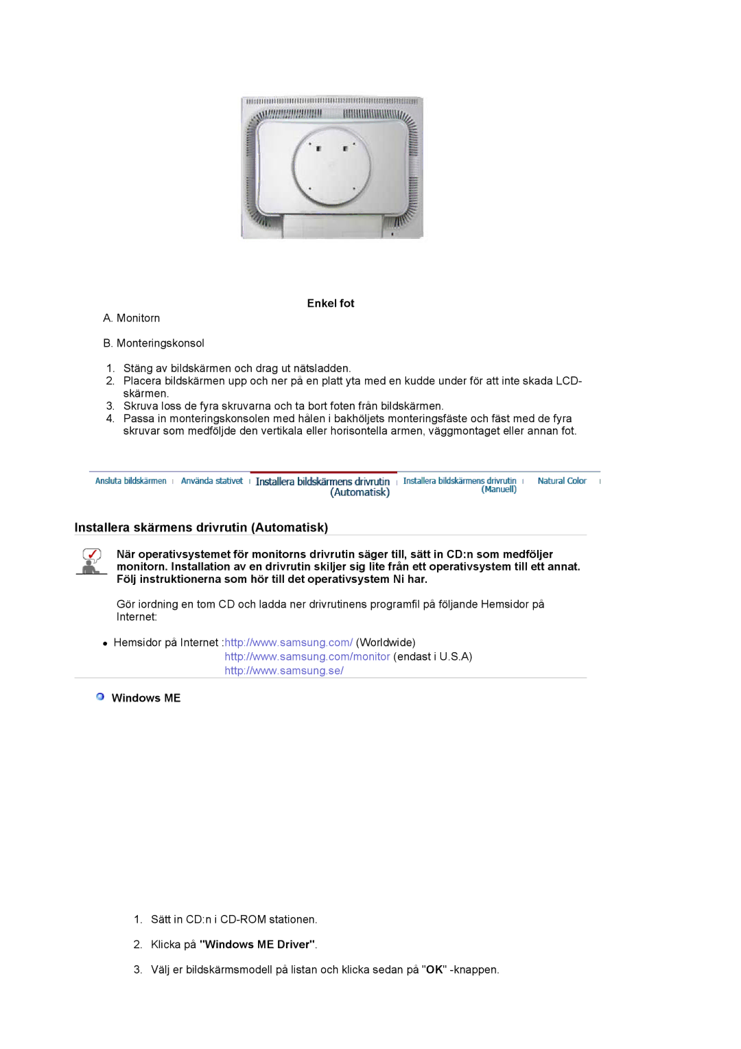 Samsung LS20BRCASZ/EDC manual Enkel fot, Klicka på Windows ME Driver 