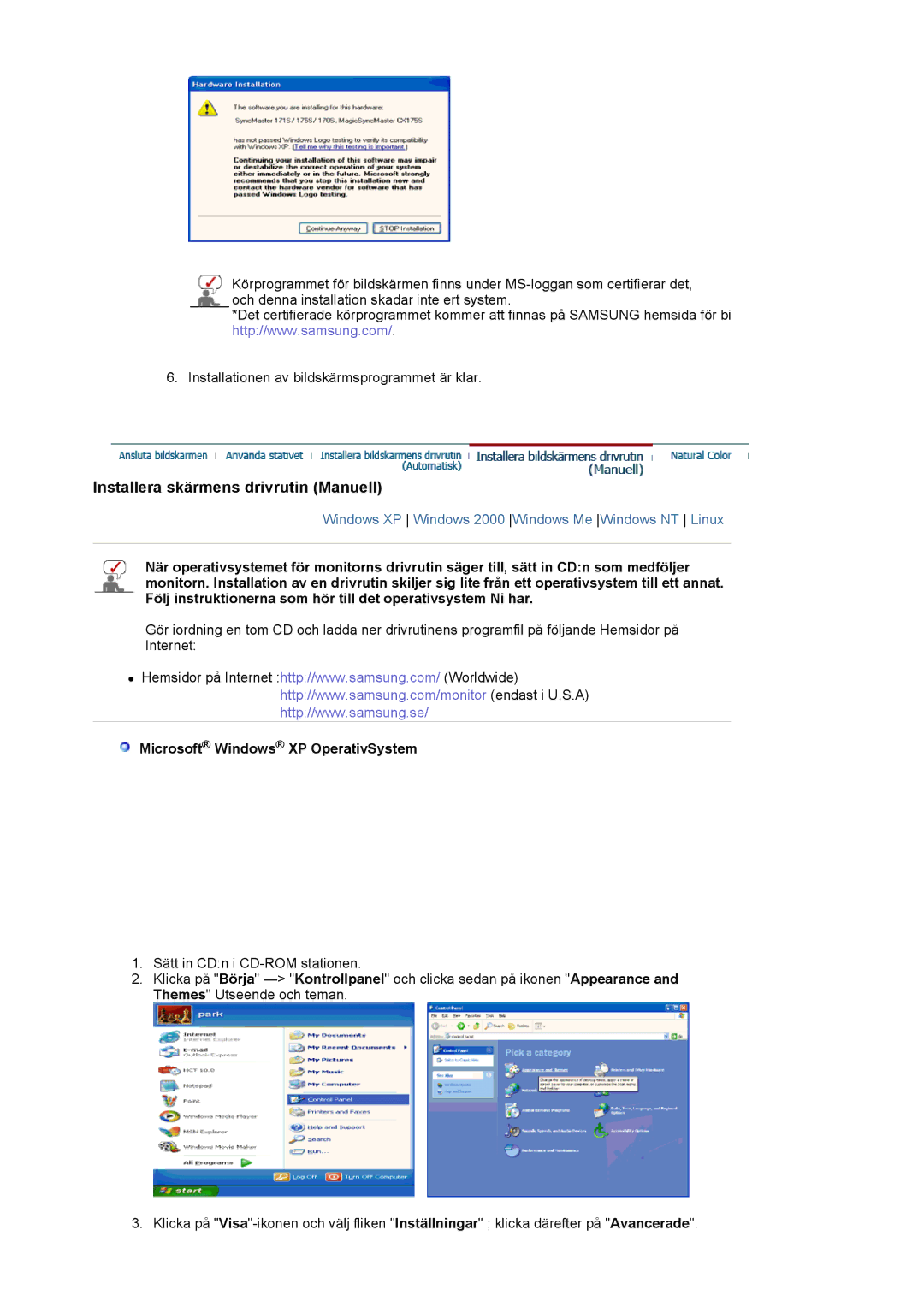 Samsung LS20BRCASZ/EDC manual Installera skärmens drivrutin Manuell, Microsoft Windows XP OperativSystem 