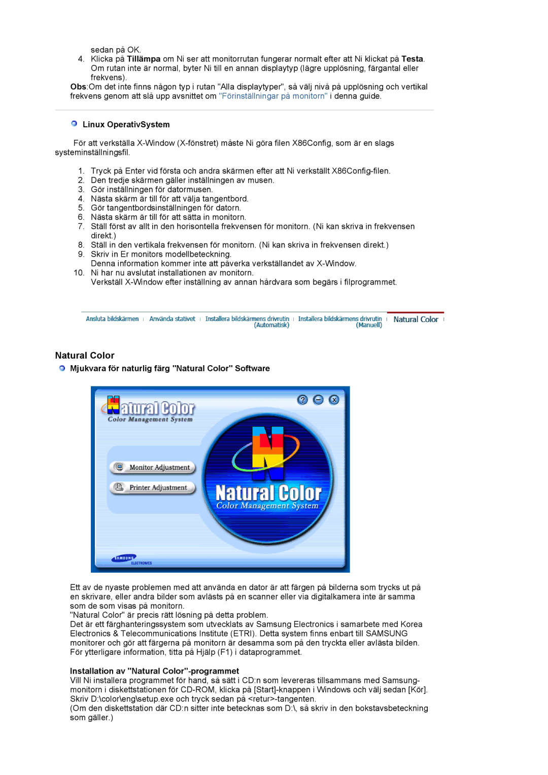 Samsung LS20BRCASZ/EDC manual Linux OperativSystem, Mjukvara för naturlig färg Natural Color Software 