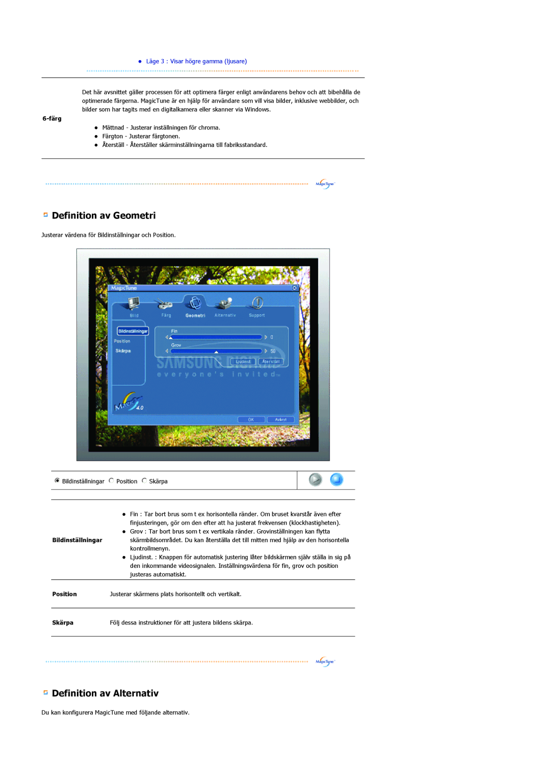 Samsung LS20BRCASZ/EDC manual Färg, Bildinställningar, Position, Skärpa 