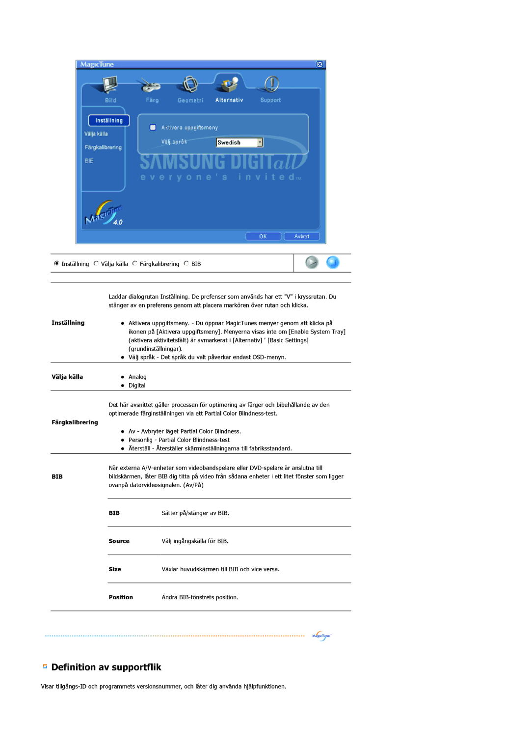 Samsung LS20BRCASZ/EDC manual Inställning, Välja källa, Färgkalibrering, Source, Size 