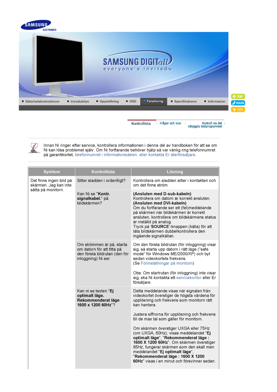 Samsung LS20BRCASZ/EDC Symtom, Kontrollista Lösning, Ansluten med D-sub-kabeln, Signalkabel. på, Ansluten med DVI-kabeln 