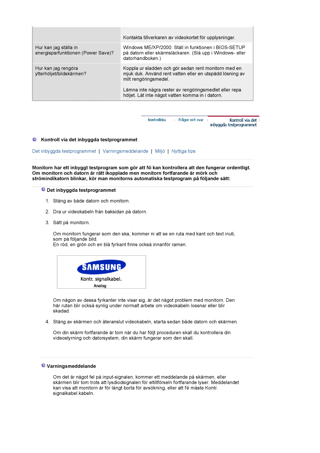 Samsung LS20BRCASZ/EDC manual Kontroll via det inbyggda testprogrammet, Varningsmeddelande 