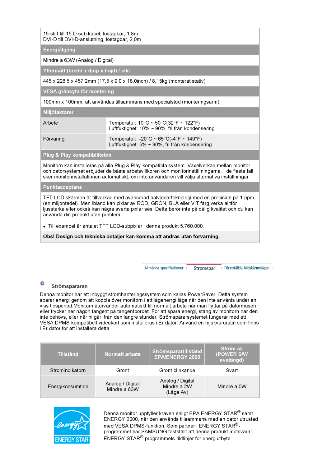 Samsung LS20BRCASZ/EDC Energiåtgång, Yttermått bredd x djup x höjd / vikt, Vesa gränsyta för montering, Miljöfaktorer 