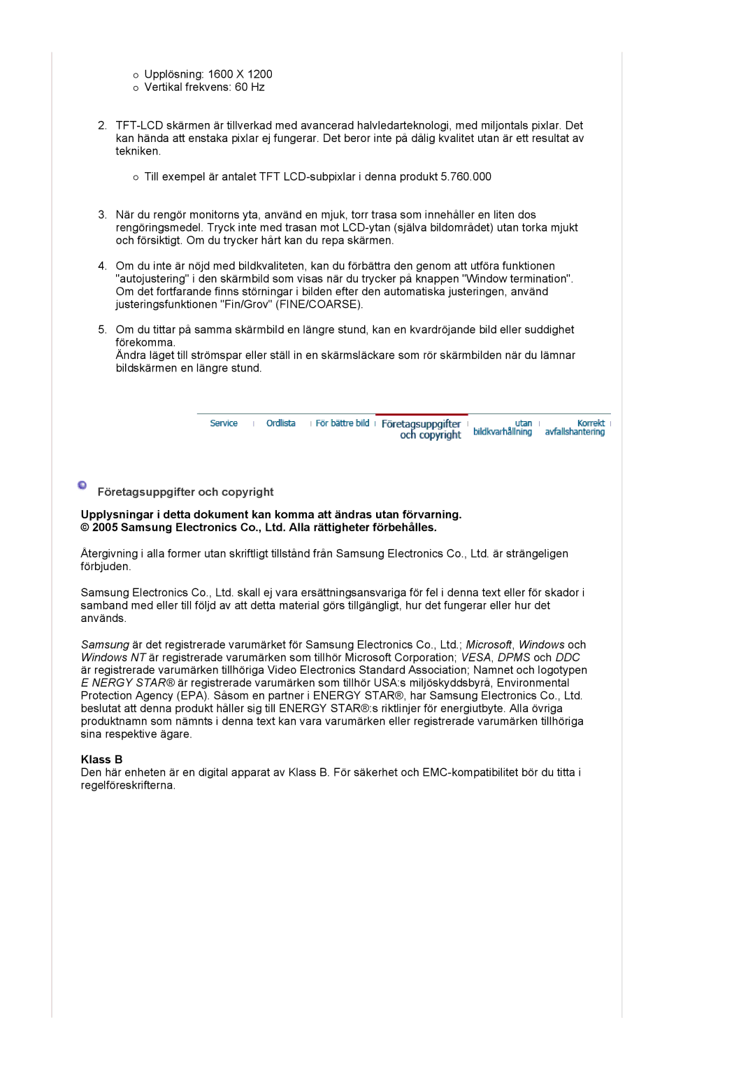 Samsung LS20BRCASZ/EDC manual Företagsuppgifter och copyright, Klass B 