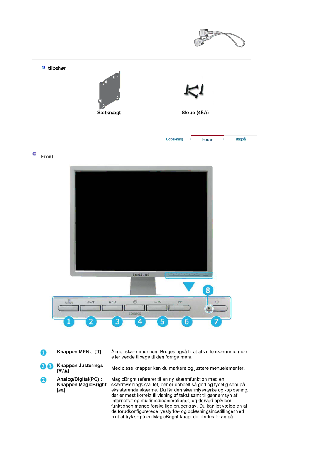 Samsung LS20BRCASZ/EDC manual Tilbehør Sætknægt Skrue 4EA, Front 