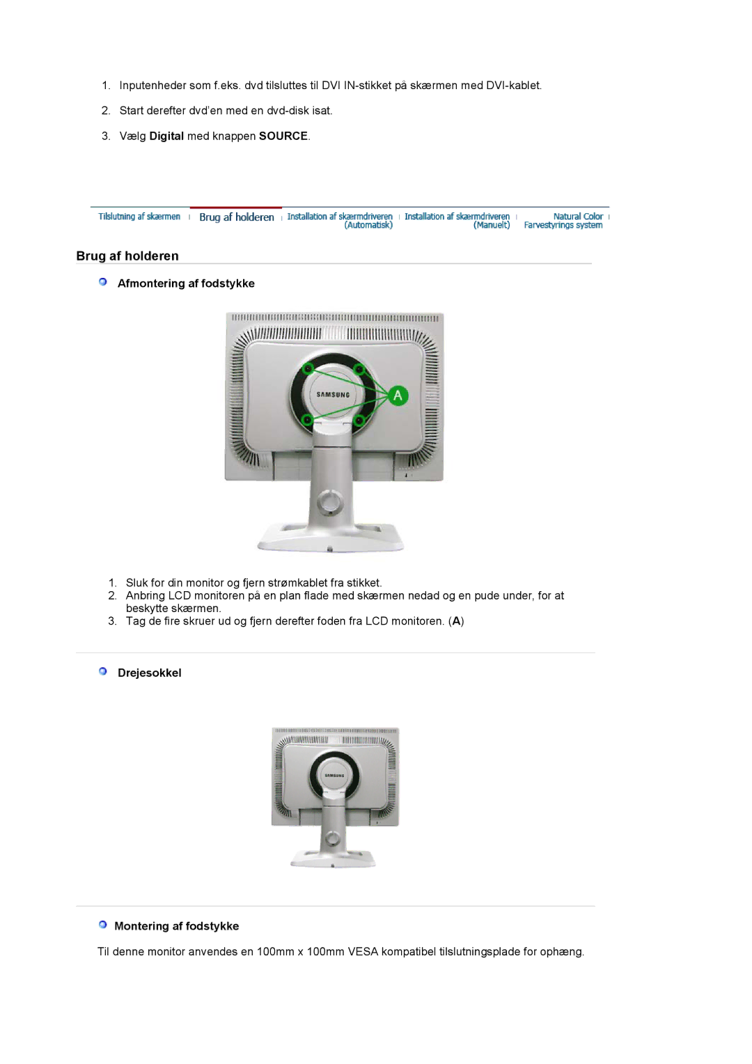 Samsung LS20BRCASZ/EDC manual Afmontering af fodstykke, Drejesokkel Montering af fodstykke 