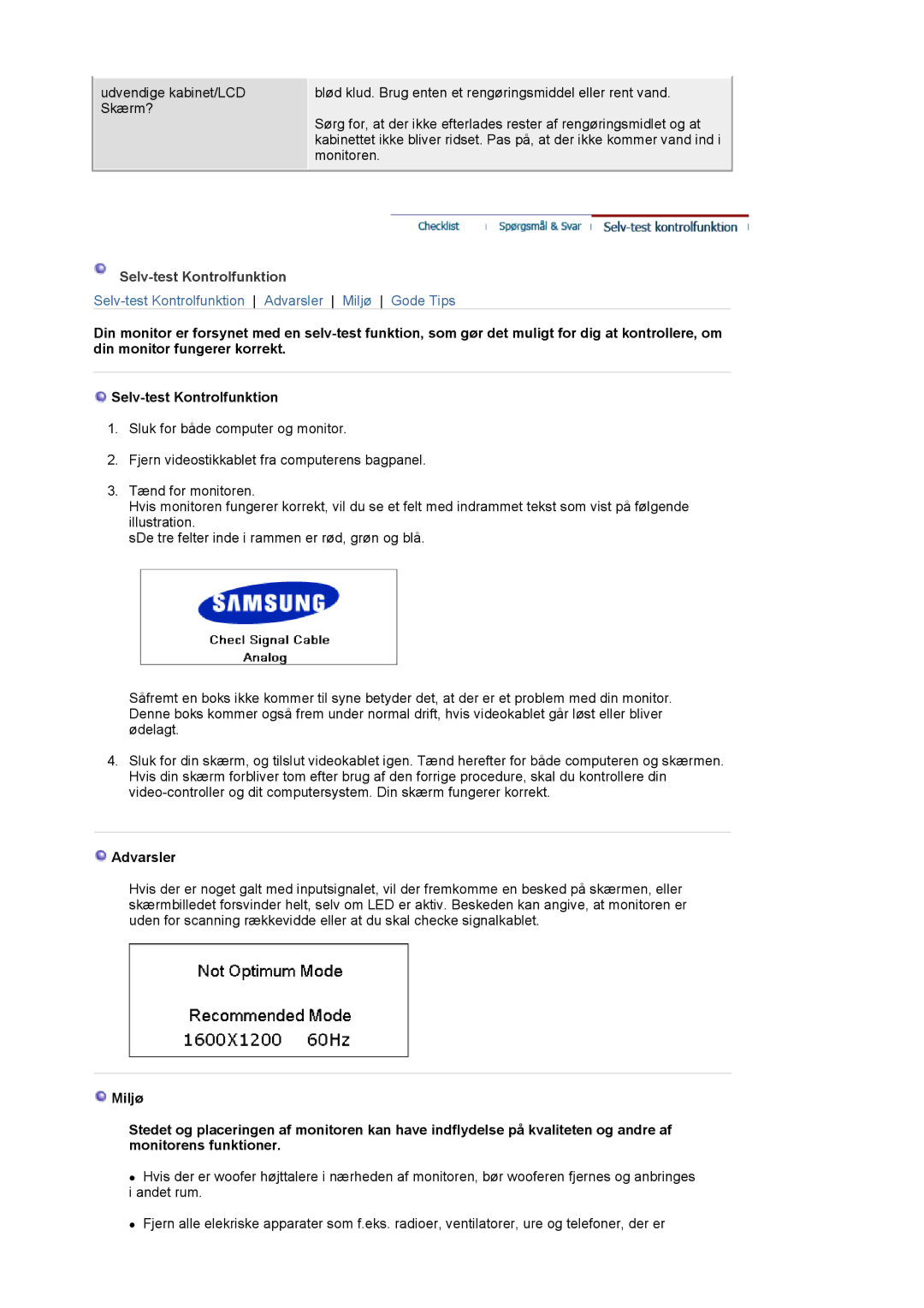 Samsung LS20BRCASZ/EDC manual Selv-test Kontrolfunktion, Advarsler 