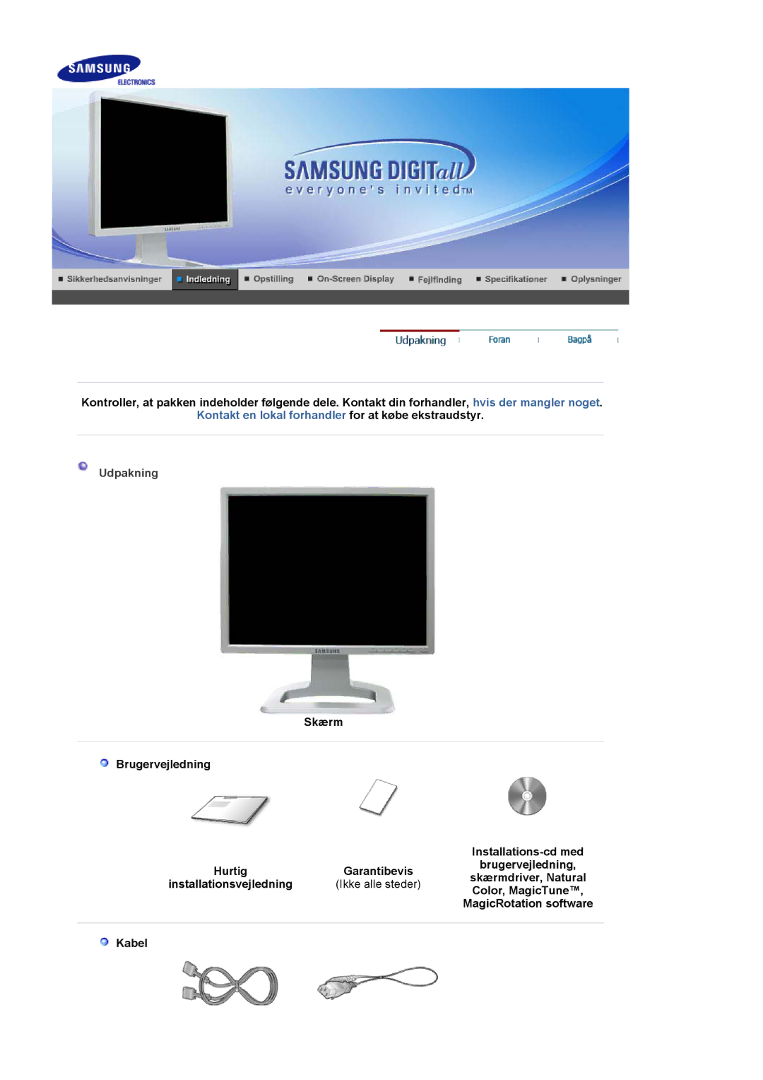 Samsung LS20BRCASZ/EDC manual Udpakning, Installationsvejledning, Color, MagicTune, MagicRotation software, Kabel 