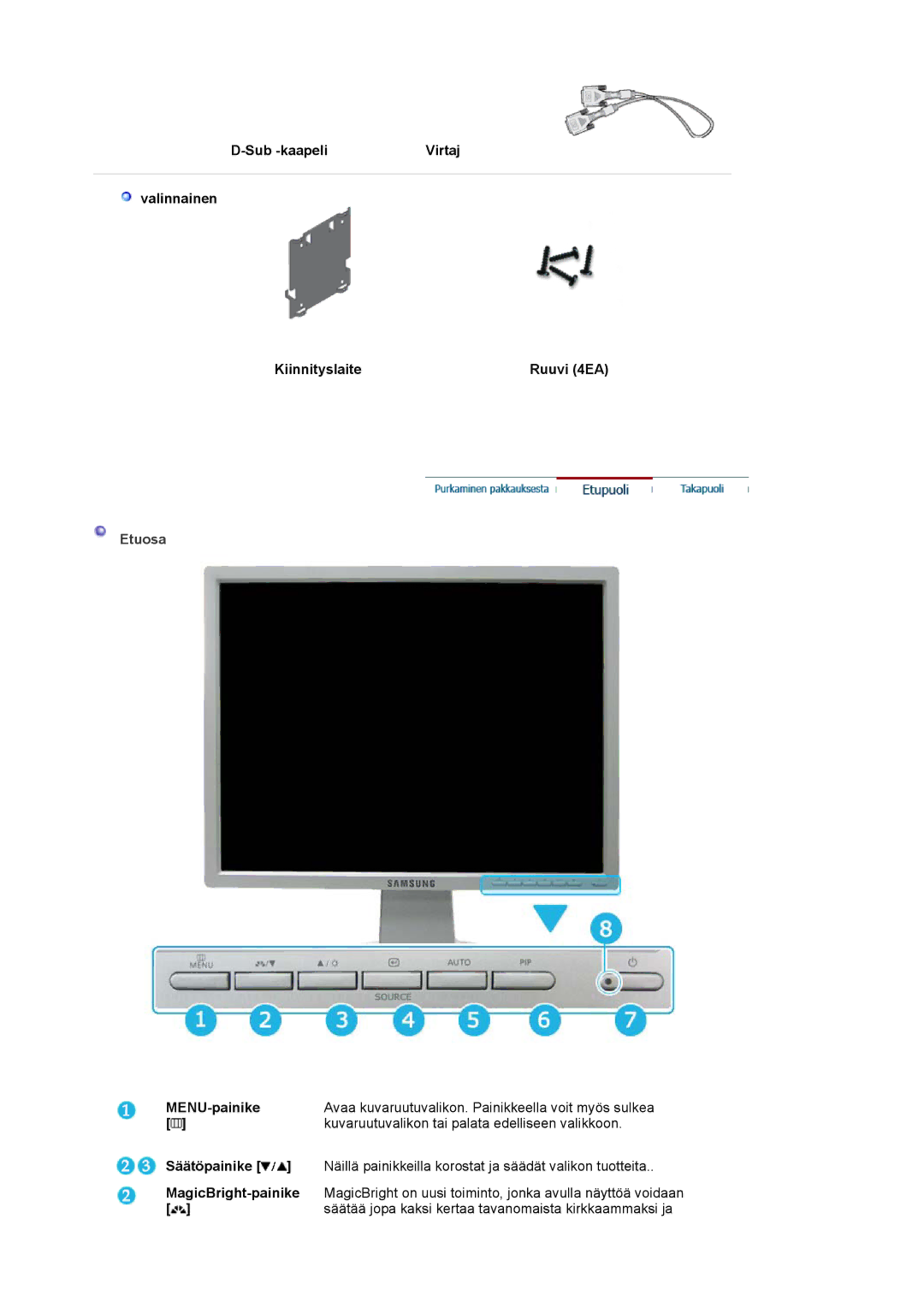 Samsung LS20BRCASZ/EDC manual Sub -kaapeliVirtaj Valinnainen Kiinnityslaite Ruuvi 4EA, Etuosa 