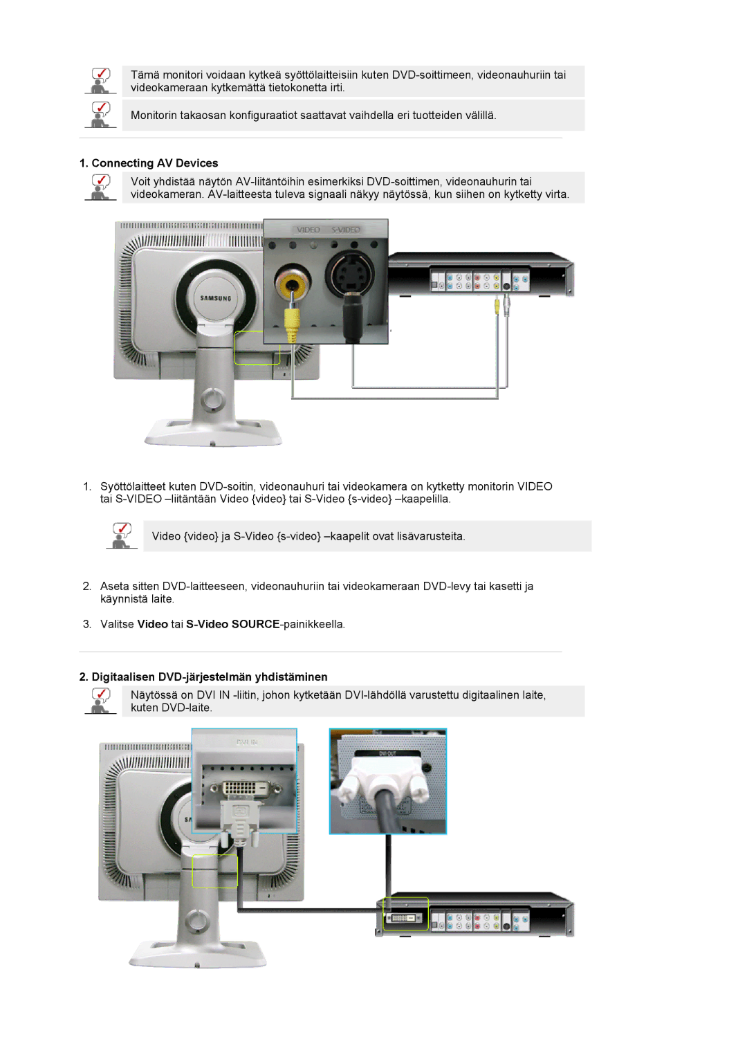 Samsung LS20BRCASZ/EDC manual Connecting AV Devices, Digitaalisen DVD-järjestelmän yhdistäminen 