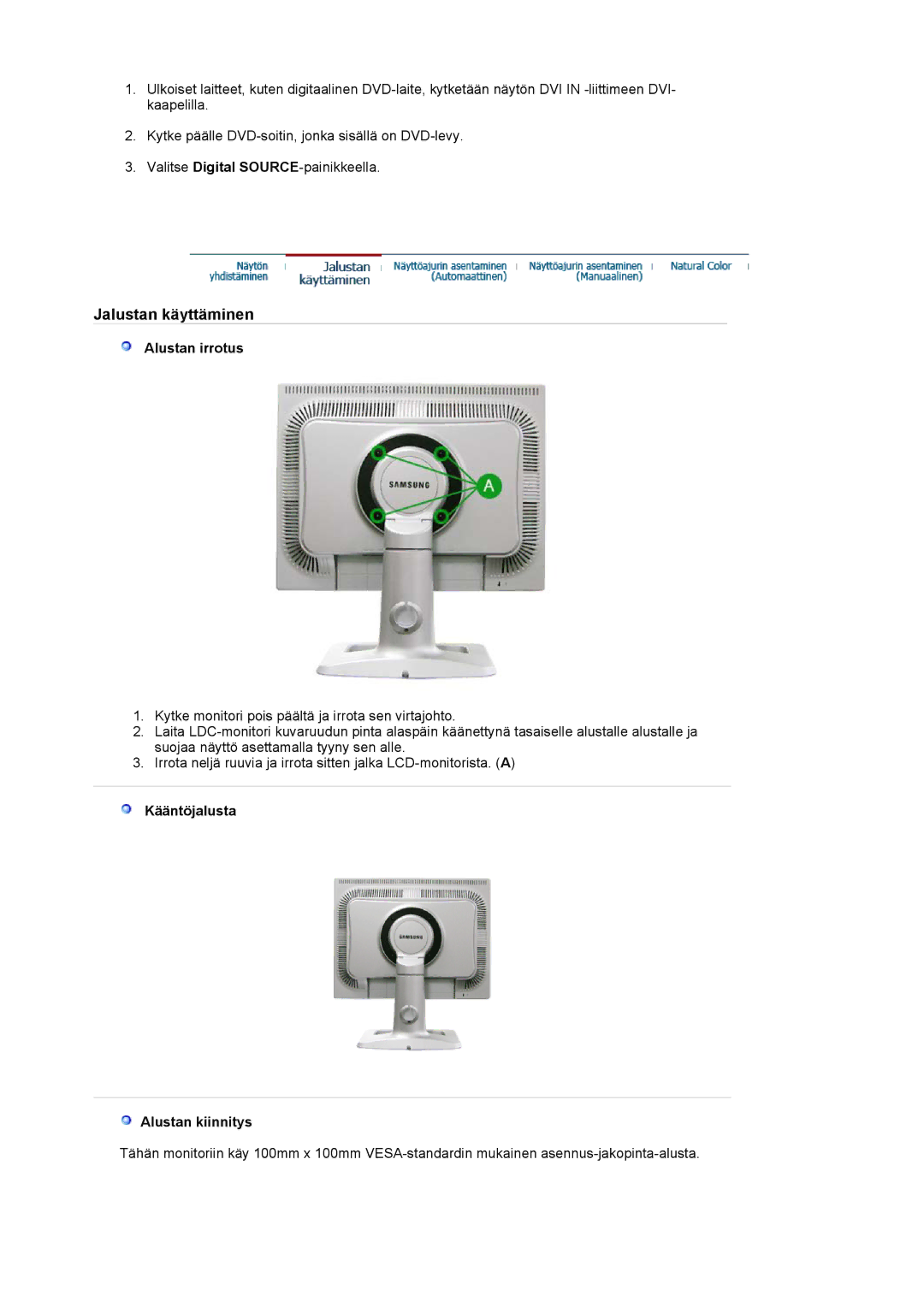 Samsung LS20BRCASZ/EDC manual Alustan irrotus, Kääntöjalusta Alustan kiinnitys 