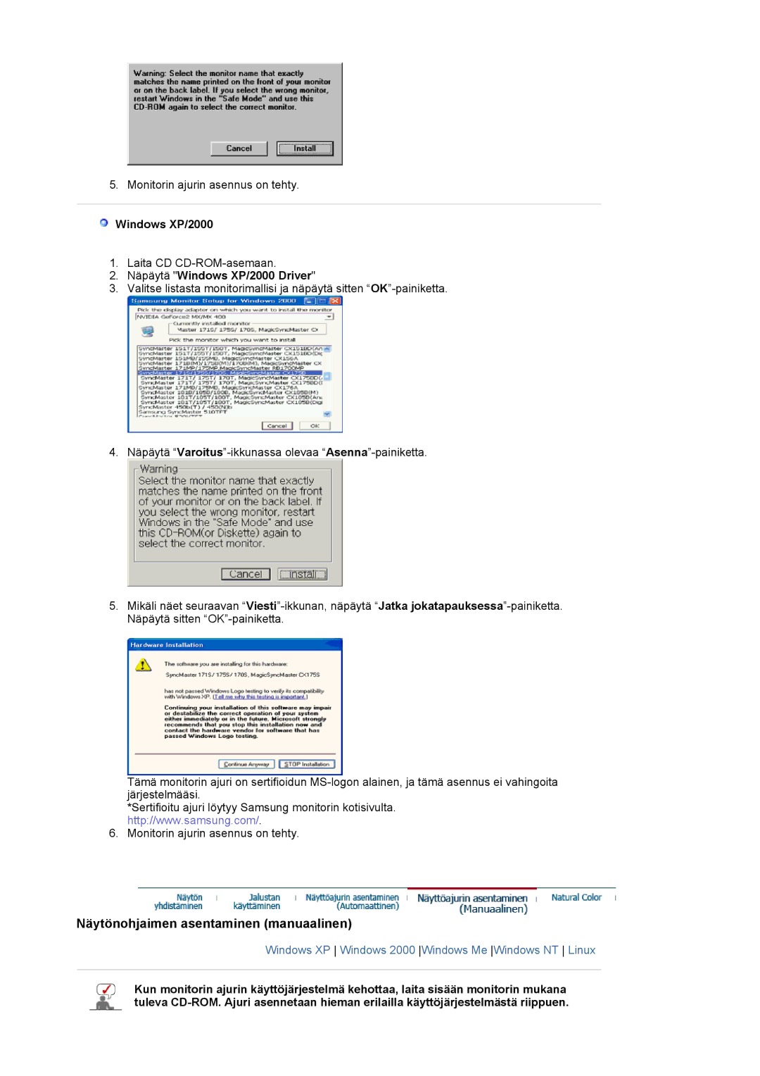 Samsung LS20BRCASZ/EDC manual Näpäytä Windows XP/2000 Driver 