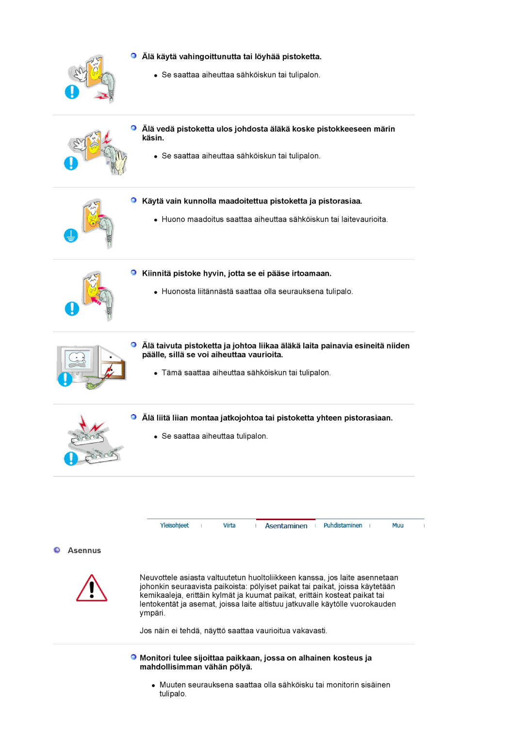 Samsung LS20BRCASZ/EDC manual Älä käytä vahingoittunutta tai löyhää pistoketta, Asennus 