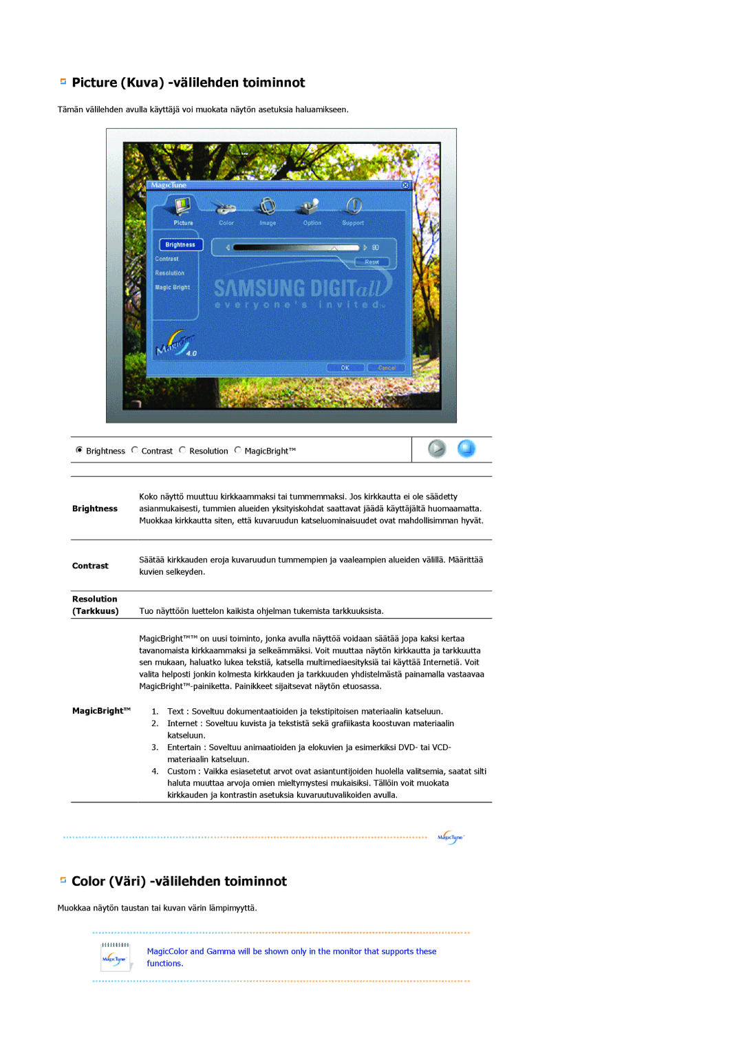Samsung LS20BRCASZ/EDC manual Brightness, Contrast, Resolution Tarkkuus 