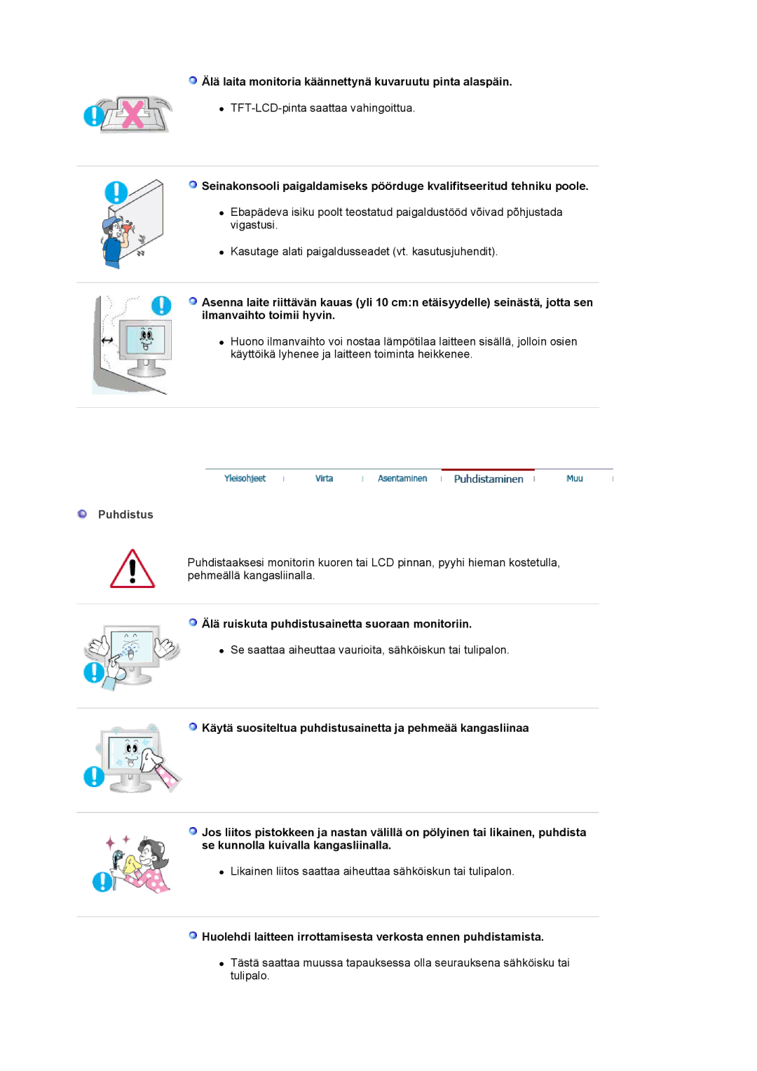 Samsung LS20BRCASZ/EDC manual Älä laita monitoria käännettynä kuvaruutu pinta alaspäin, Puhdistus 