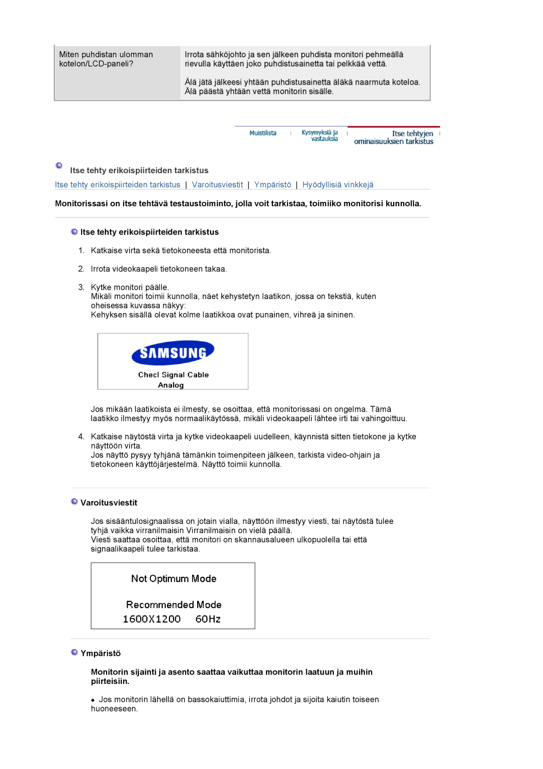 Samsung LS20BRCASZ/EDC manual Itse tehty erikoispiirteiden tarkistus, Varoitusviestit 