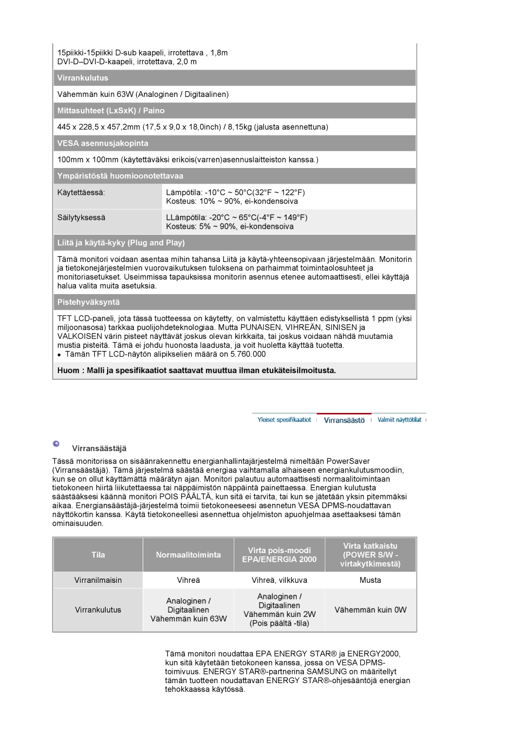 Samsung LS20BRCASZ/EDC manual Ympäristöstä huomioonotettavaa, Virransäästäjä 