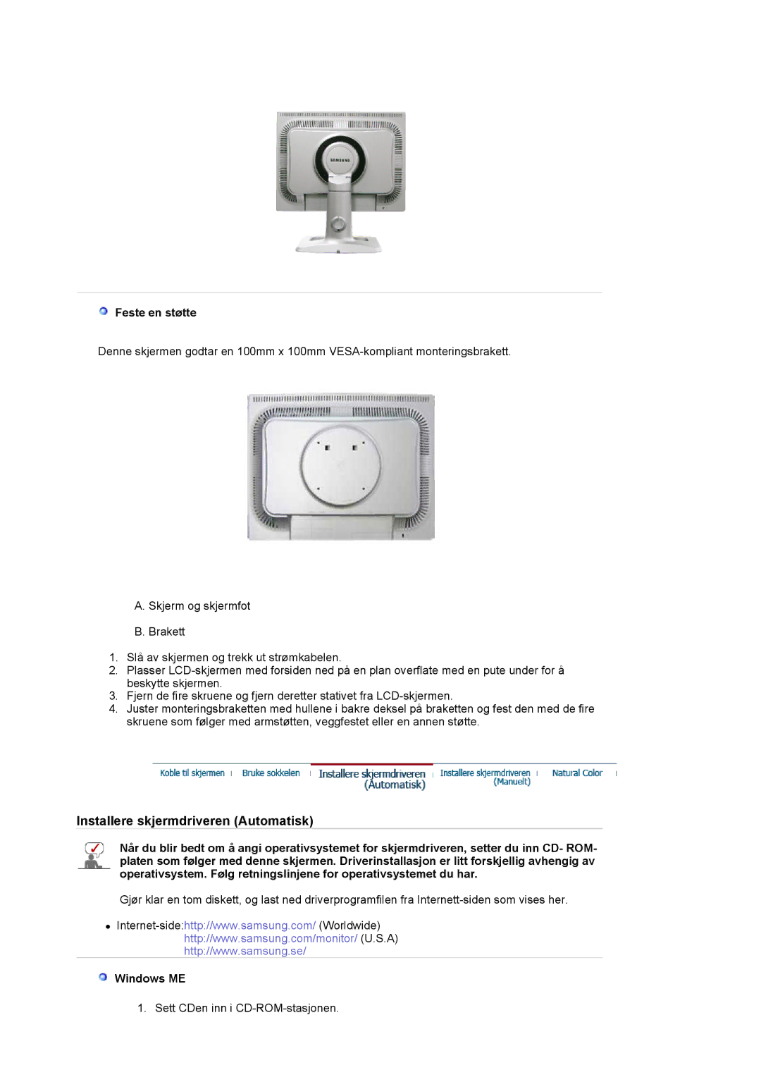 Samsung LS20BRCASZ/EDC manual Feste en støtte, Windows ME 