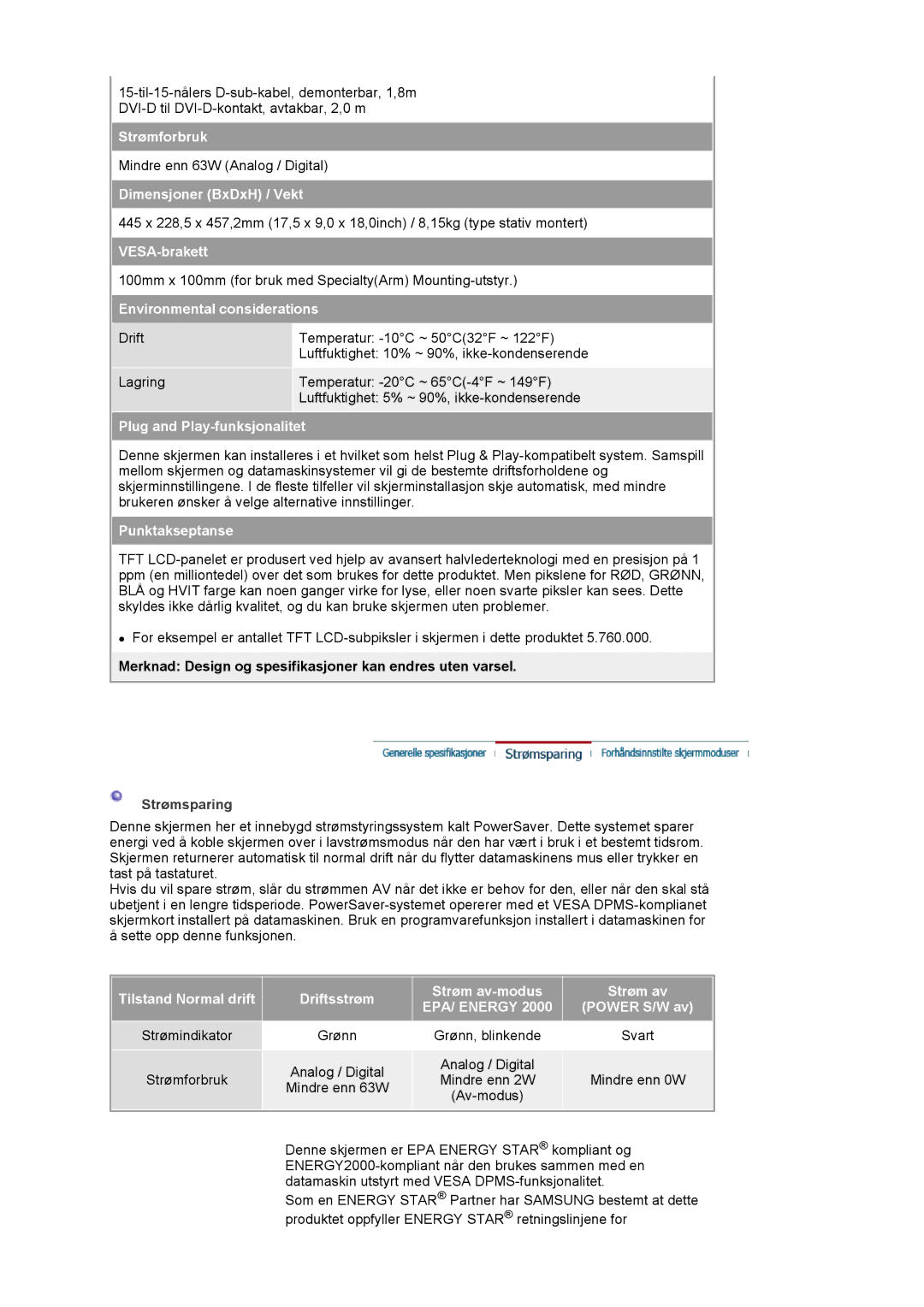 Samsung LS20BRCASZ/EDC manual Merknad Design og spesifikasjoner kan endres uten varsel, Strømsparing 