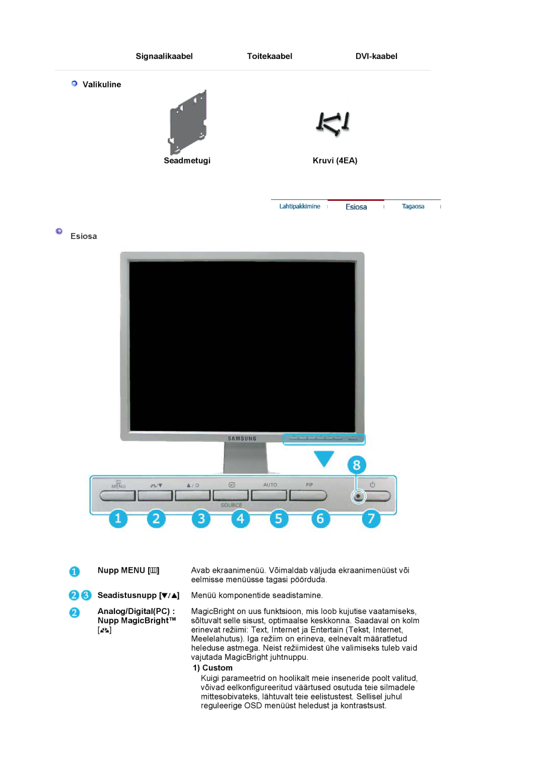 Samsung LS20BRCASZ/EDC manual Esiosa, Nupp Menu, Custom 