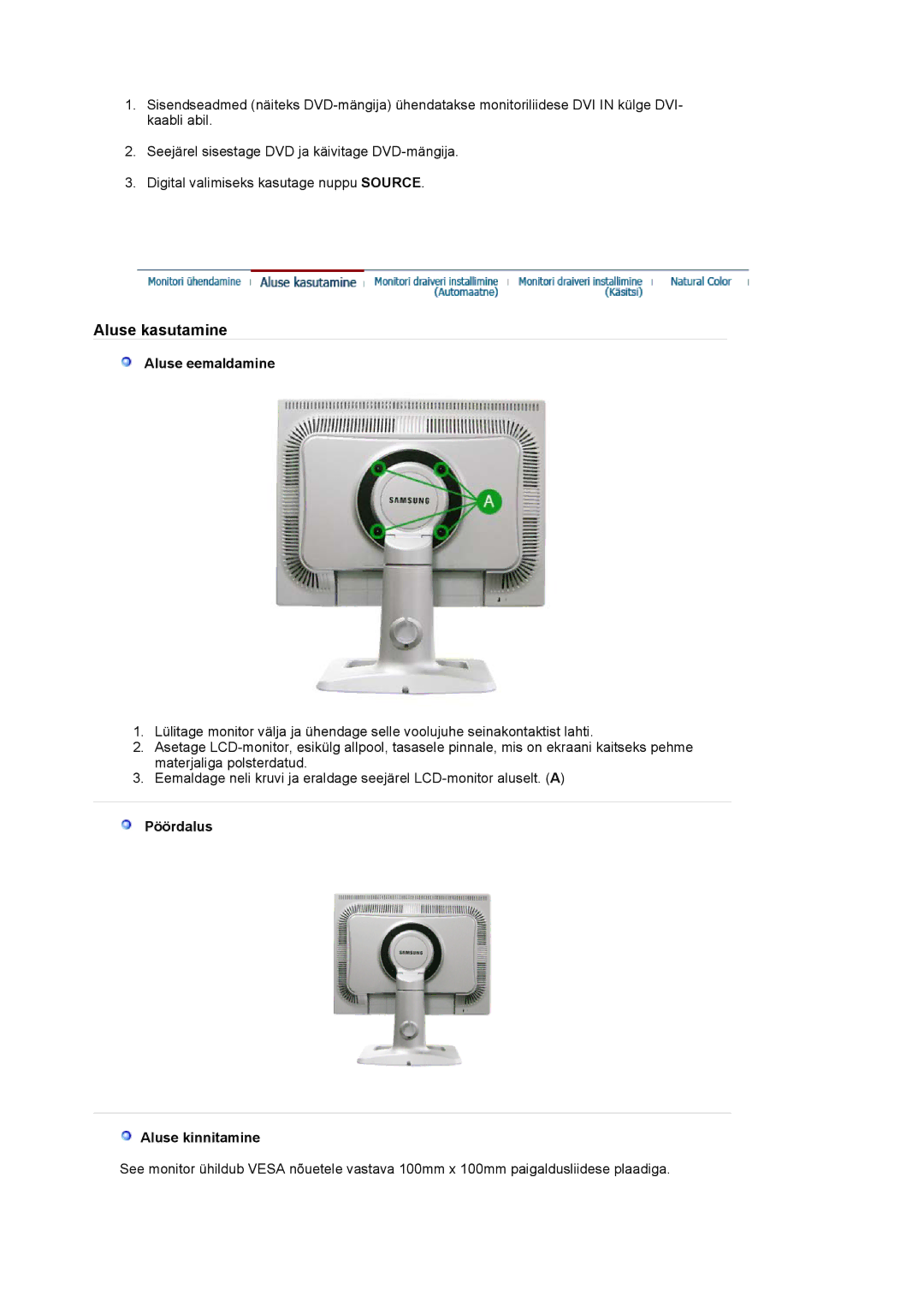 Samsung LS20BRCASZ/EDC manual Aluse eemaldamine, Pöördalus Aluse kinnitamine 