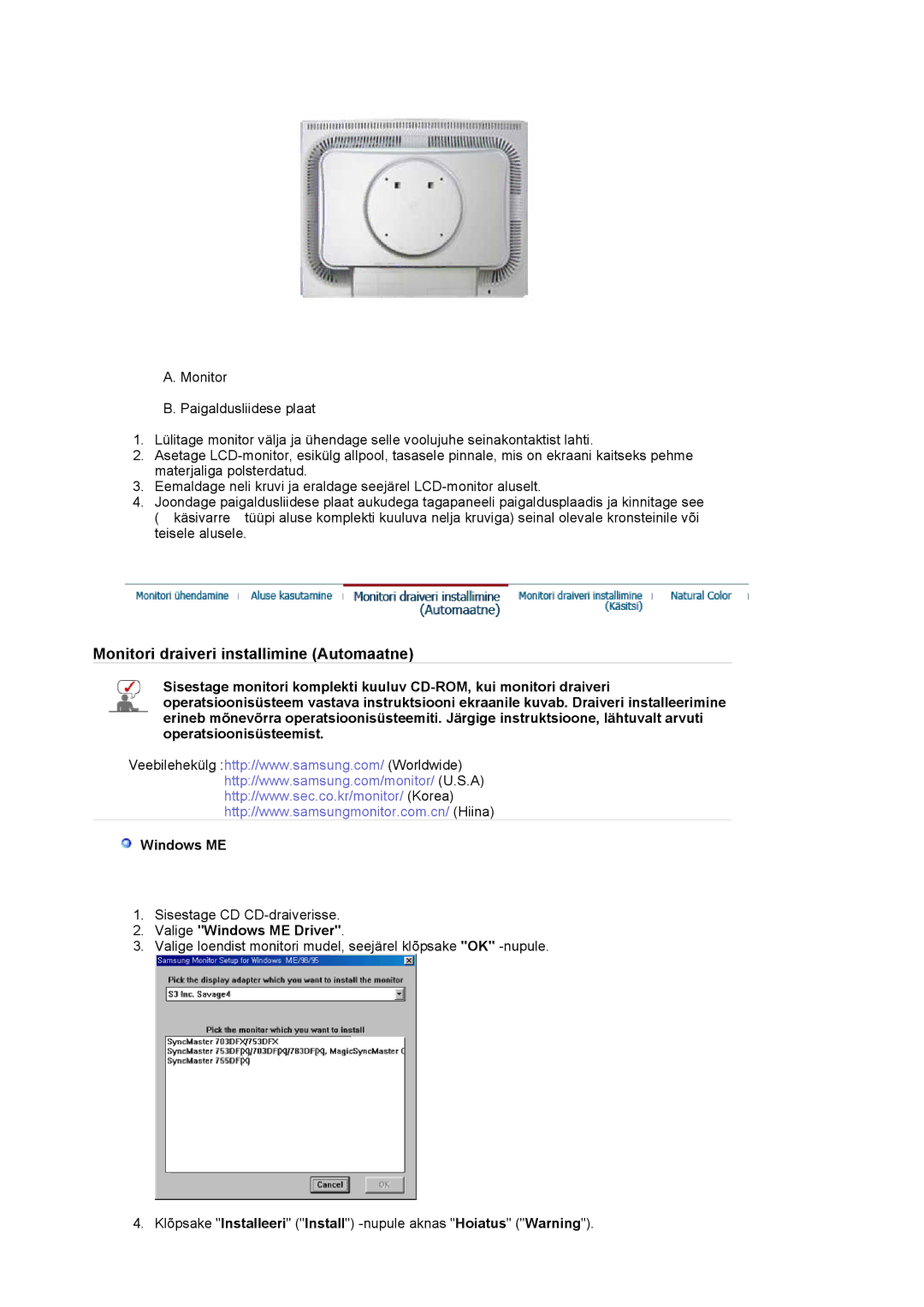 Samsung LS20BRCASZ/EDC manual Monitori draiveri installimine Automaatne, Valige Windows ME Driver 