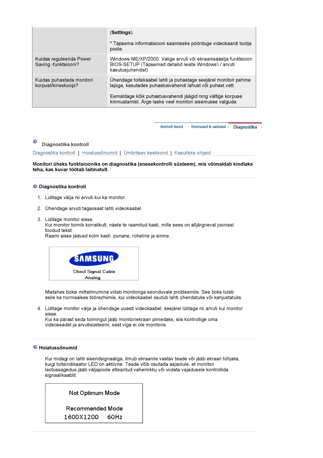 Samsung LS20BRCASZ/EDC manual Settings, Diagnostika kontroll, Hoiatussõnumid 