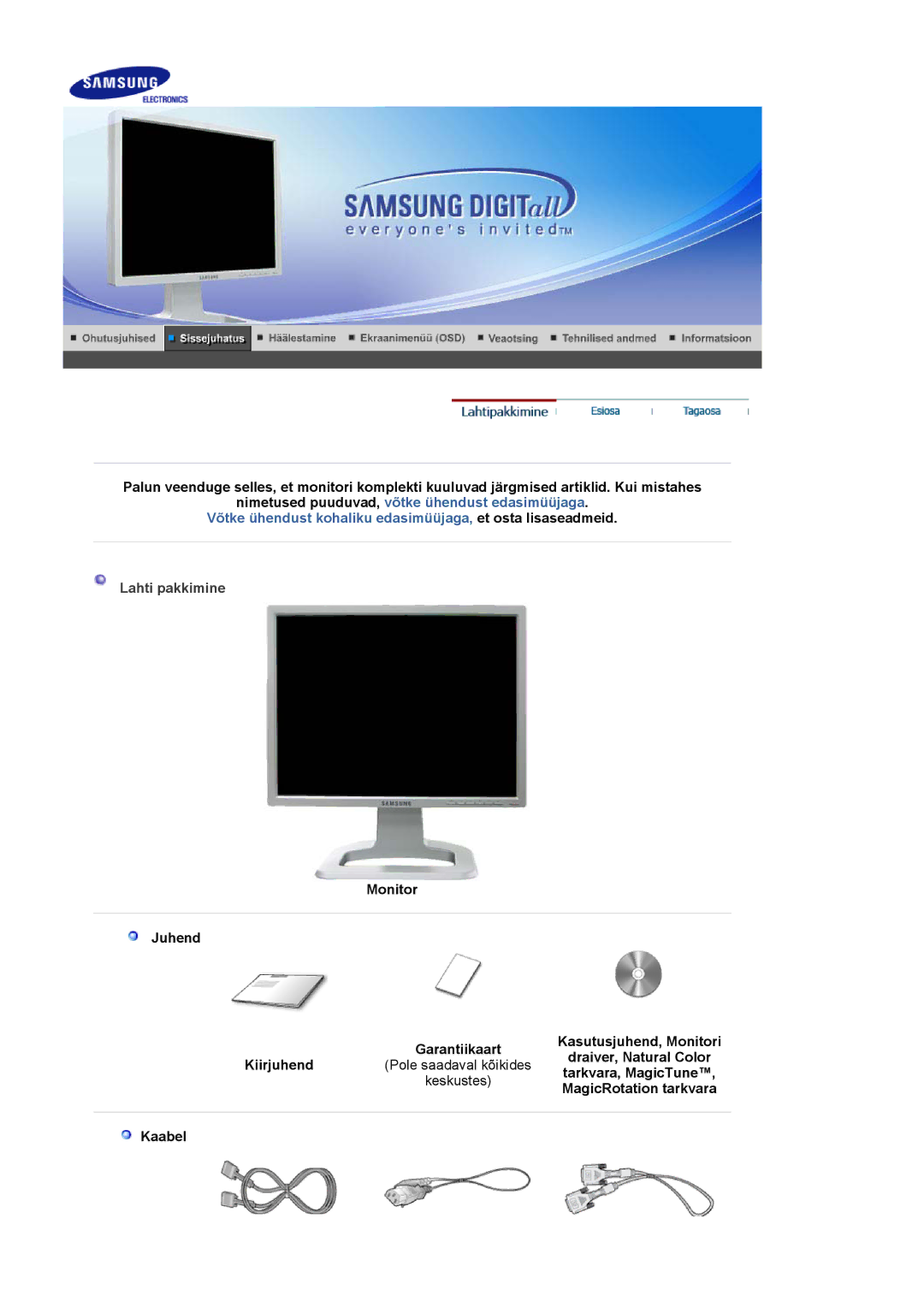 Samsung LS20BRCASZ/EDC manual Lahti pakkimine, Tarkvara, MagicTune, MagicRotation tarkvara, Kaabel 