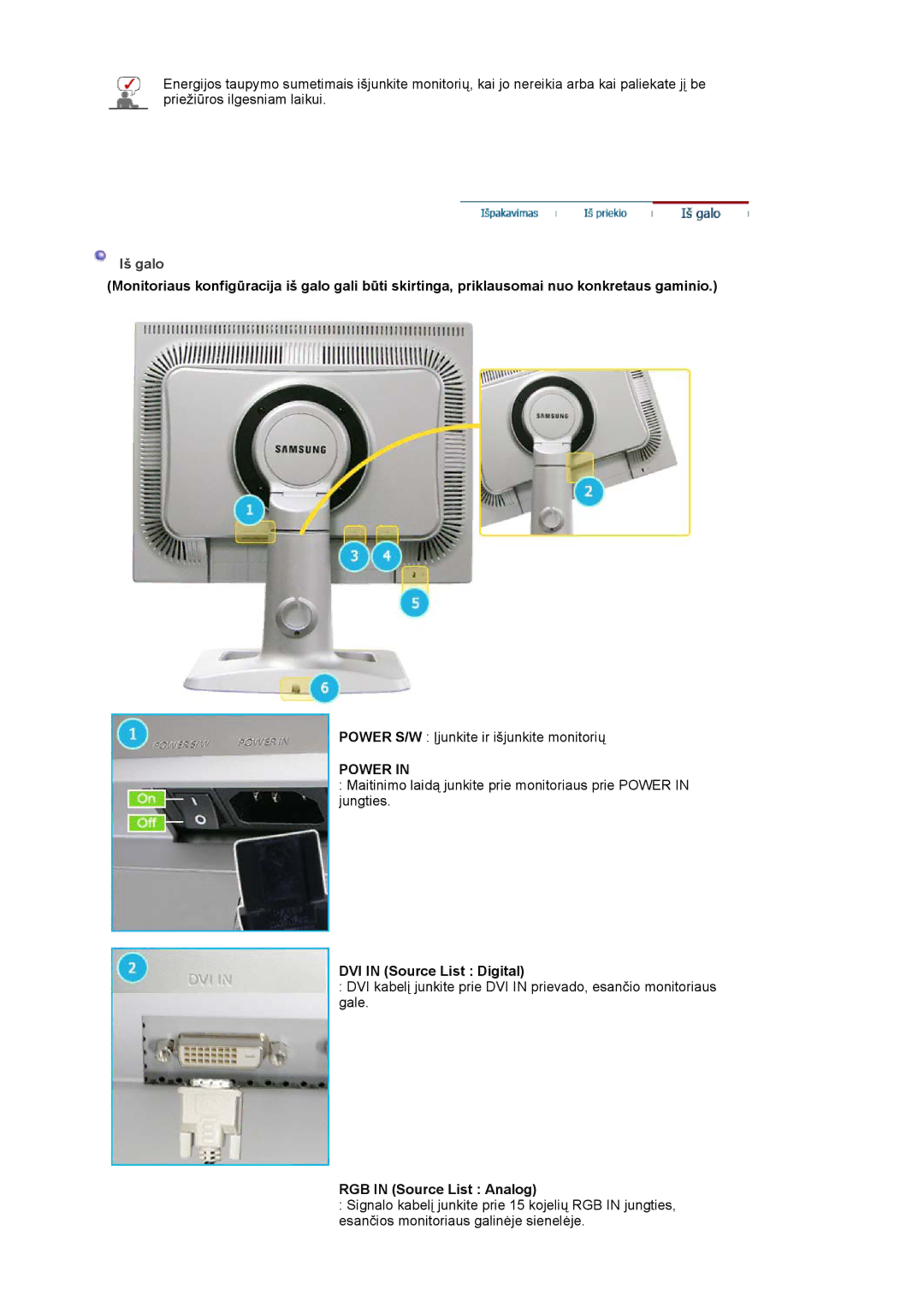 Samsung LS20BRCASZ/EDC manual Iš galo, DVI in Source List Digital, RGB in Source List Analog 