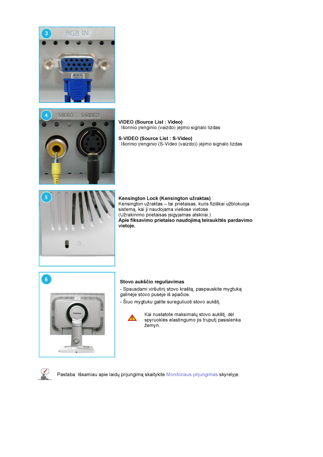 Samsung LS20BRCASZ/EDC manual Video Source List Video, Video Source List S-Video, Kensington Lock Kensington užraktas 