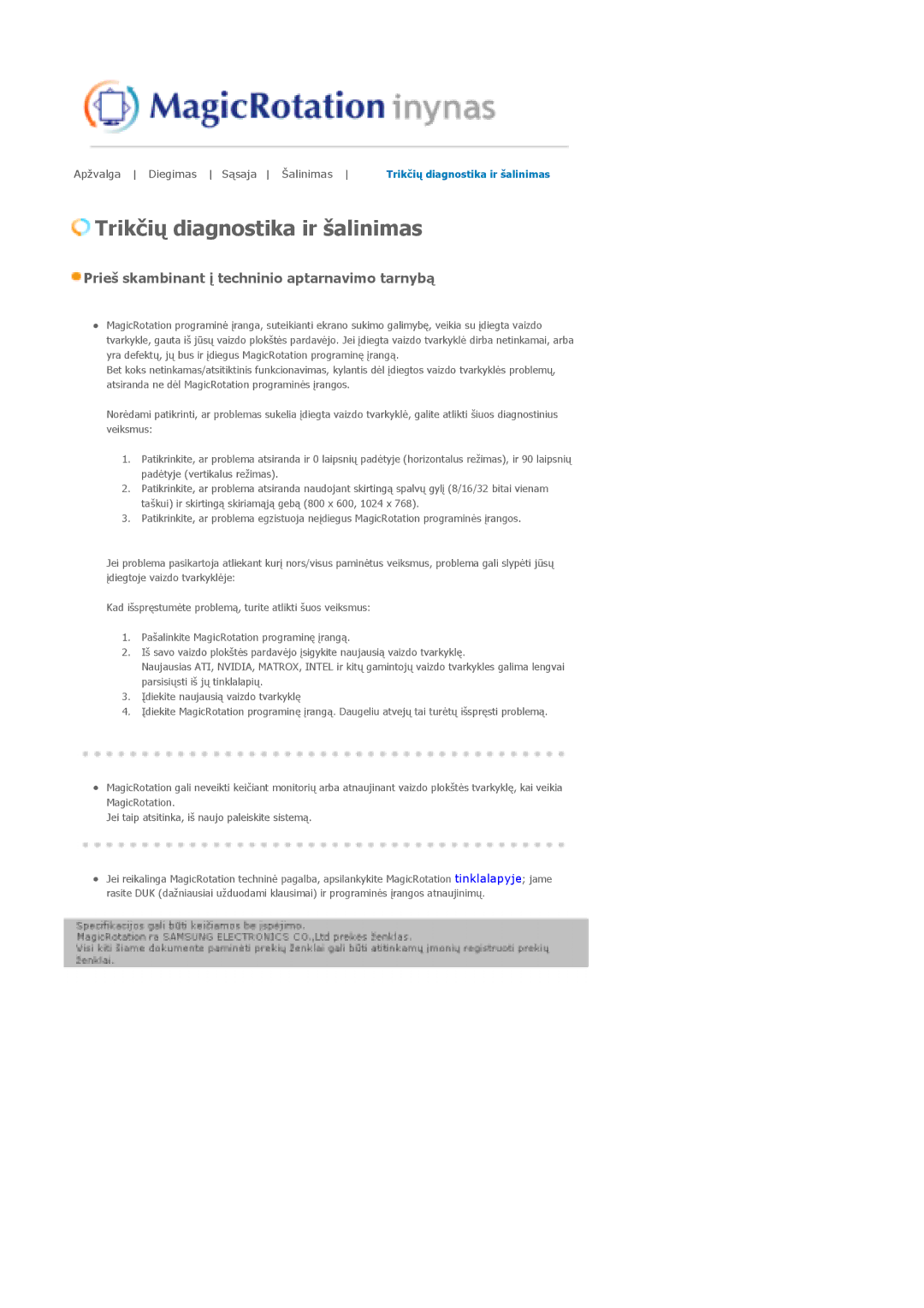 Samsung LS20BRCASZ/EDC manual Trikčių diagnostika ir šalinimas 