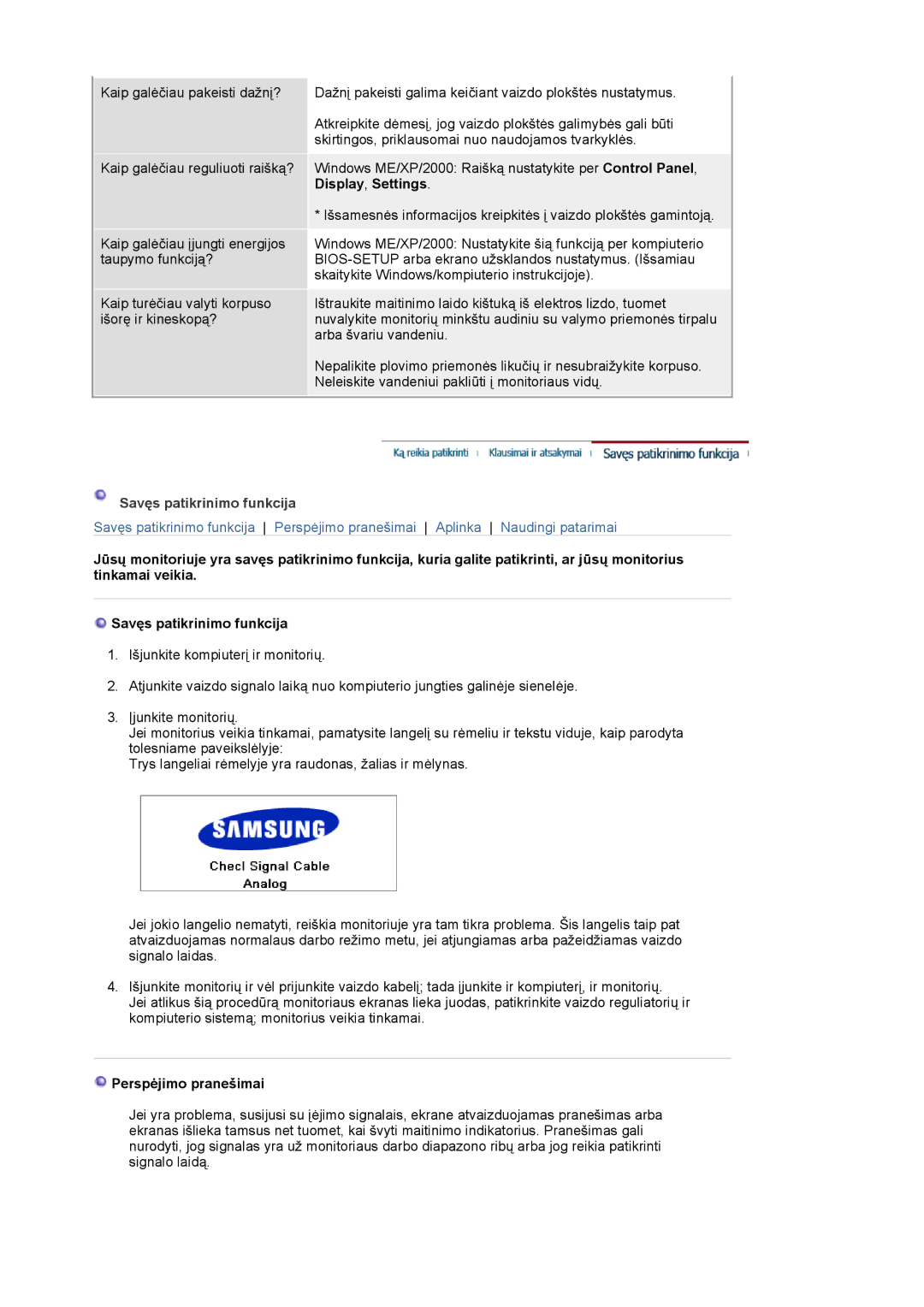 Samsung LS20BRCASZ/EDC manual Display , Settings, Savęs patikrinimo funkcija, Perspėjimo pranešimai 