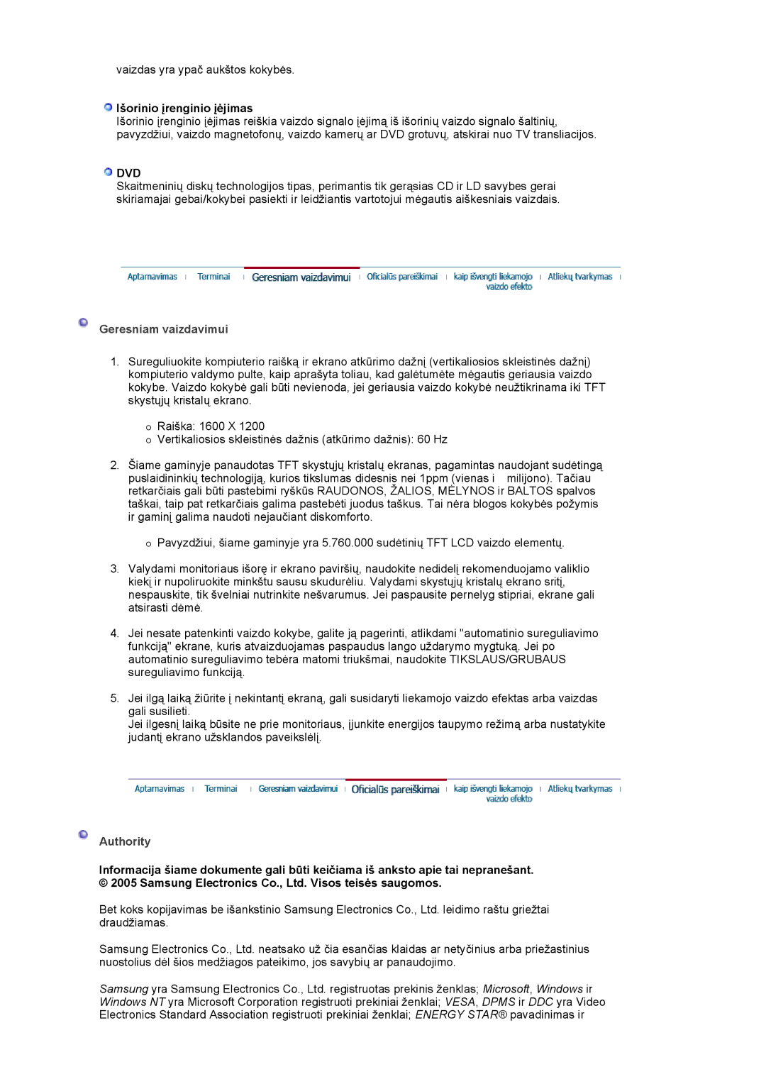 Samsung LS20BRCASZ/EDC manual Išorinio įrenginio įėjimas, Geresniam vaizdavimui, Authority 