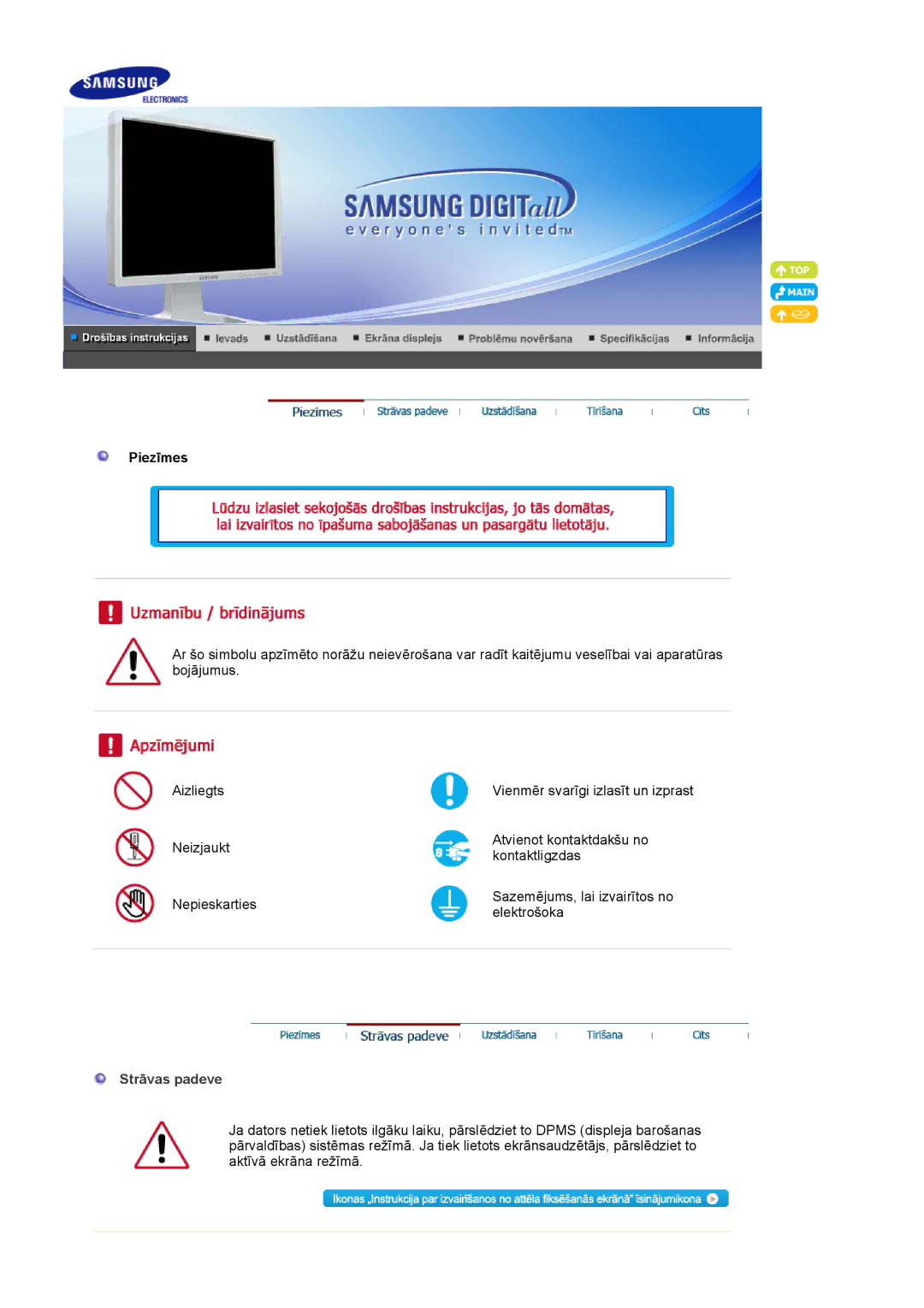 Samsung LS20BRCASZ/EDC manual Piezīmes, Strāvas padeve 