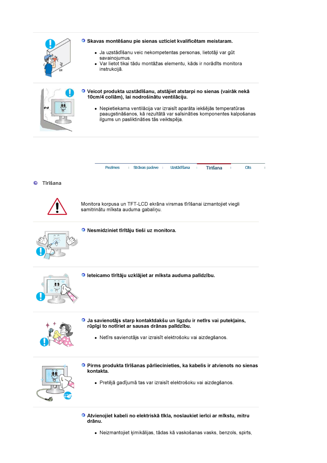 Samsung LS20BRCASZ/EDC manual Skavas montēšanu pie sienas uzticiet kvalificētam meistaram, Tīrīšana 