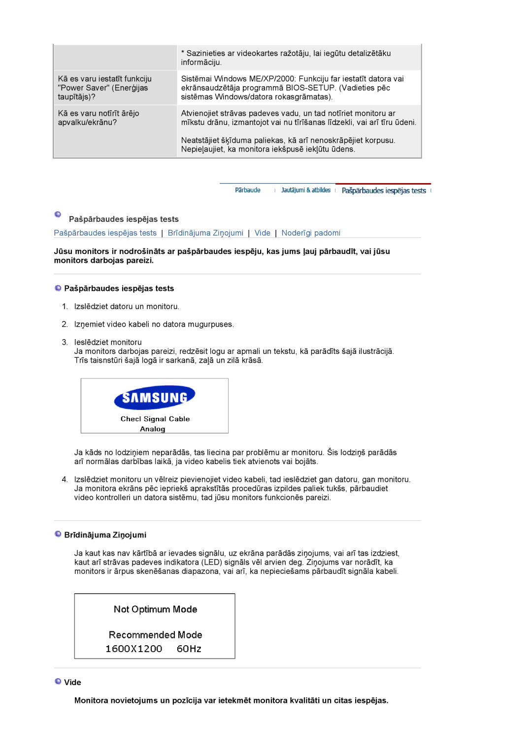 Samsung LS20BRCASZ/EDC manual Pašpārbaudes iespējas tests, Brīdinājuma Ziņojumi 