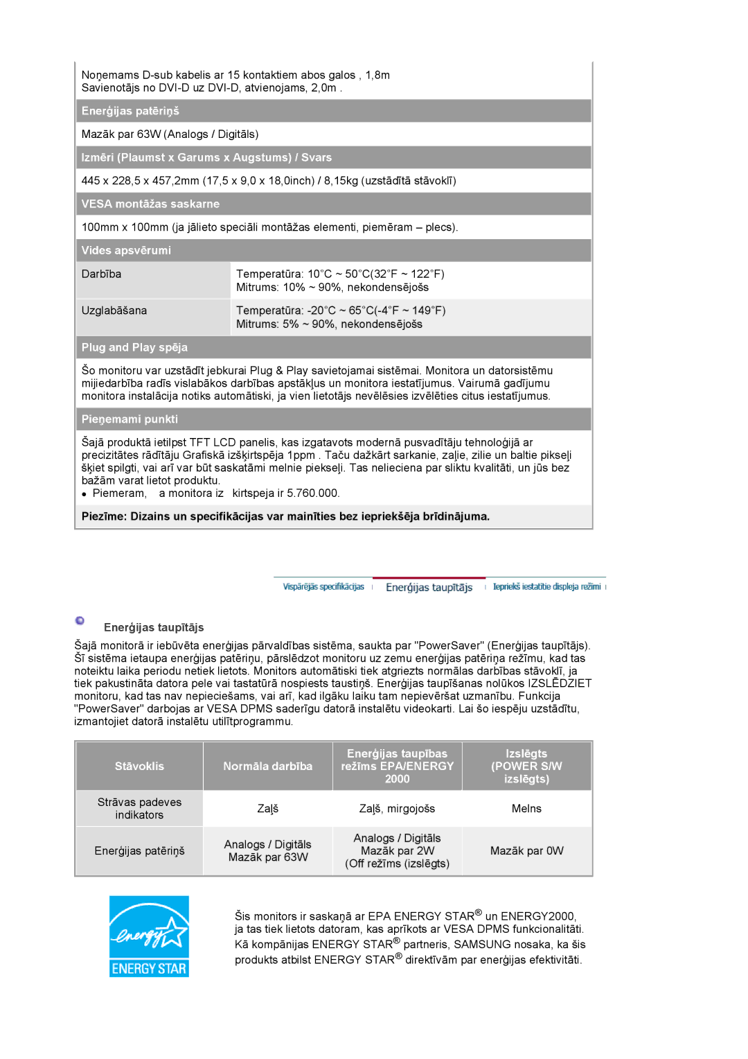 Samsung LS20BRCASZ/EDC manual Enerģijas patēriņš, Izmēri Plaumst x Garums x Augstums / Svars, Vesa montāžas saskarne 