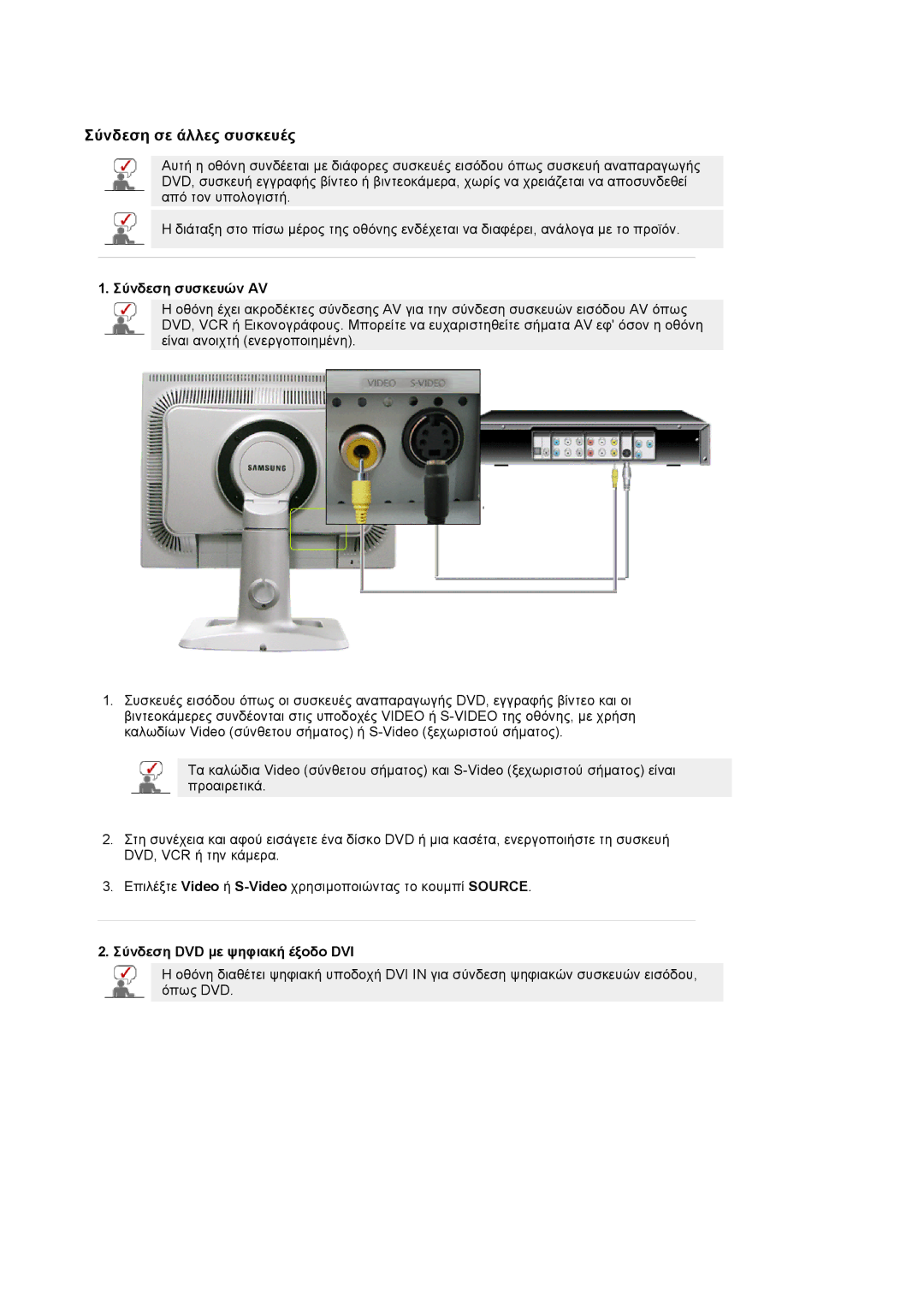 Samsung LS20BRCASZ/EDC manual Σύνδεση συσκευών AV, Σύνδεση DVD µε ψηφιακή έξοδο DVI 