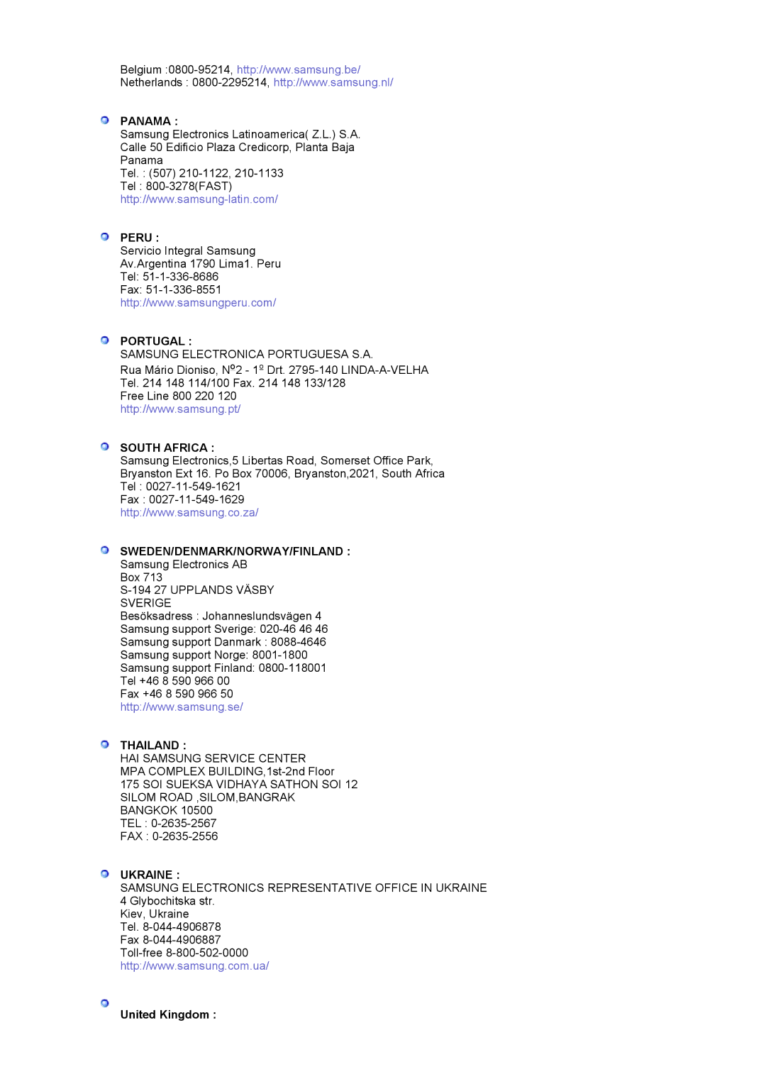 Samsung LS20BRCASZ/EDC manual Panama, United Kingdom 