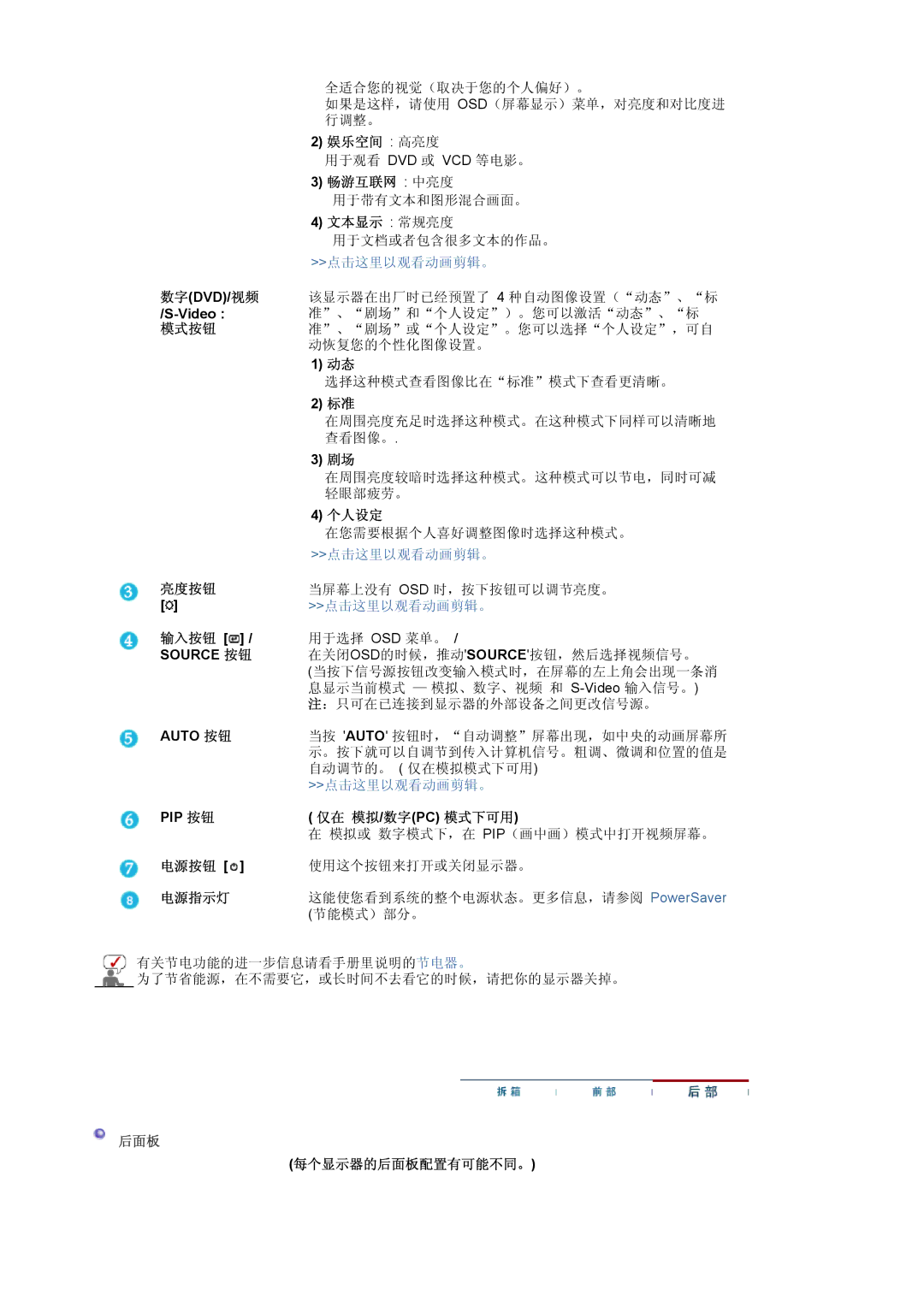 Samsung LS20BRCASZ/EDC manual 娱乐空间 高亮度, 畅游互联网 中亮度, 文本显示 常规亮度, 模式按钮, 亮度按钮, 输入按钮, 仅在 模拟 /数字 Pc 模式下可用, 电源按钮, 电源指示灯 