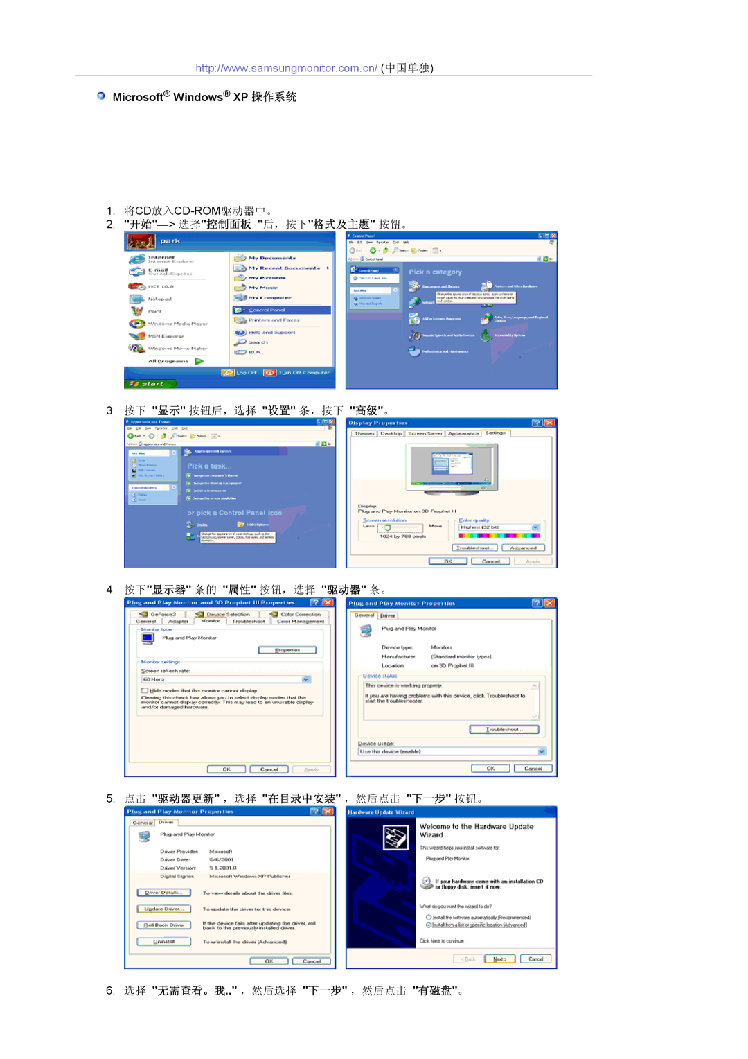 Samsung LS20BRCASZ/EDC manual Microsoft Windows XP 操作系统, 开始-选择控制面板 后，按下格式及主题 按钮。 