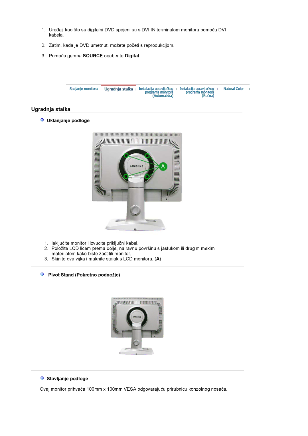 Samsung LS20BRCASZ/EDC manual Uklanjanje podloge, Pivot Stand Pokretno podnožje Stavljanje podloge 