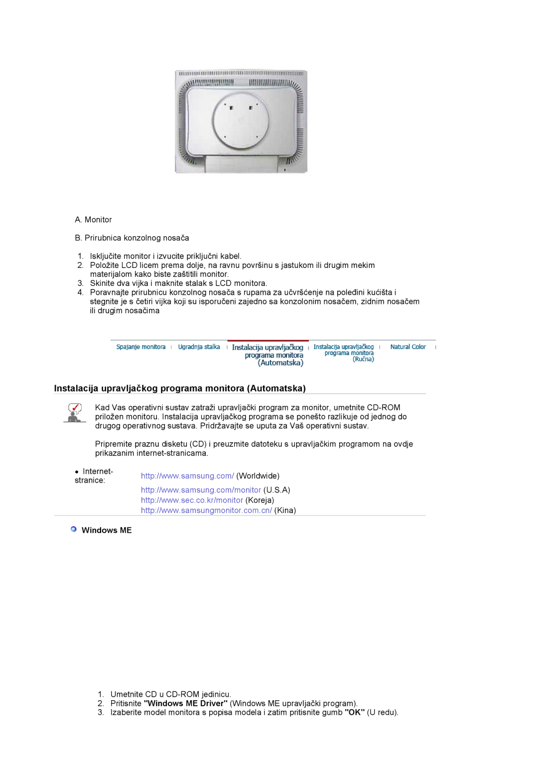 Samsung LS20BRCASZ/EDC manual Instalacija upravljačkog programa monitora Automatska, Windows ME 