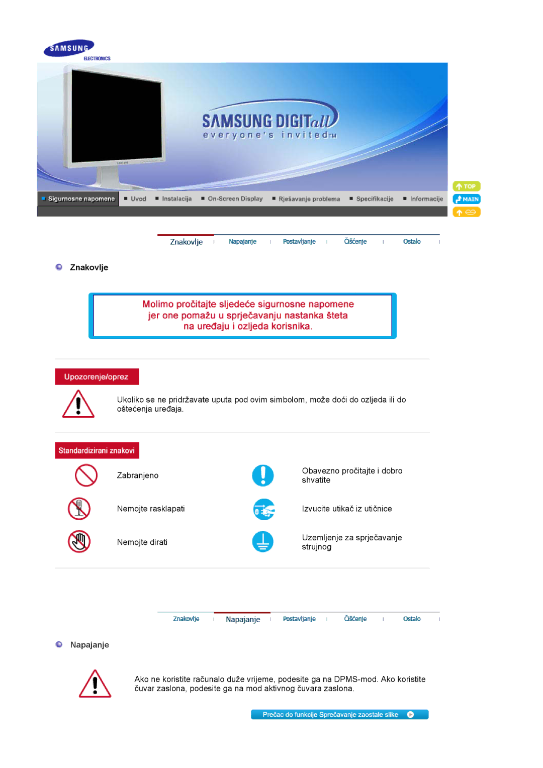 Samsung LS20BRCASZ/EDC manual Znakovlje, Napajanje 