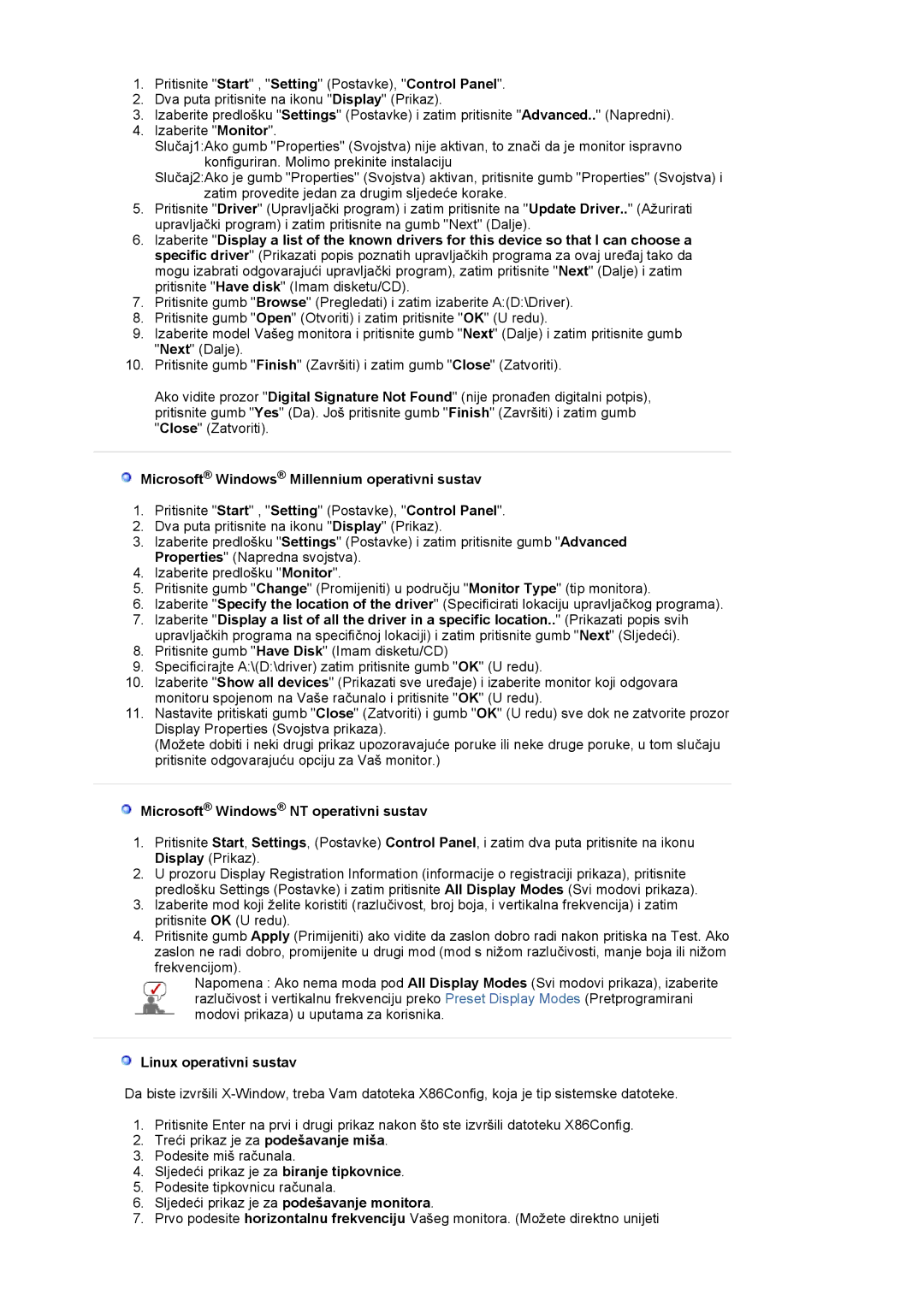 Samsung LS20BRCASZ/EDC manual Microsoft Windows Millennium operativni sustav, Microsoft Windows NT operativni sustav 