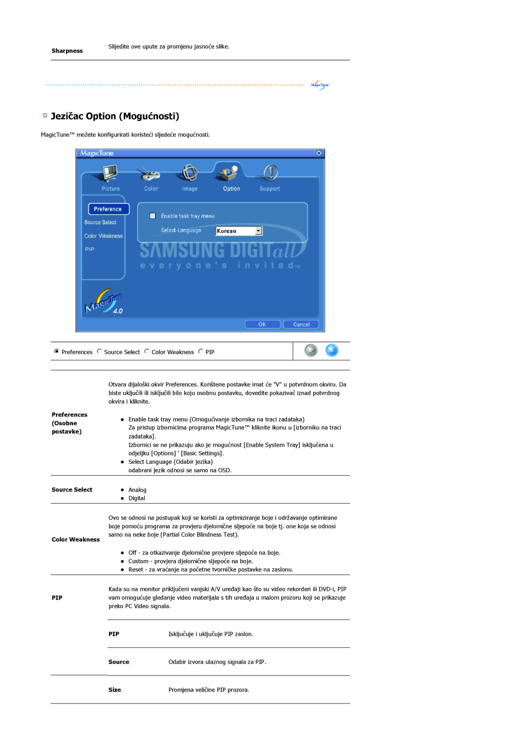 Samsung LS20BRCASZ/EDC manual Jezičac Option Mogućnosti 